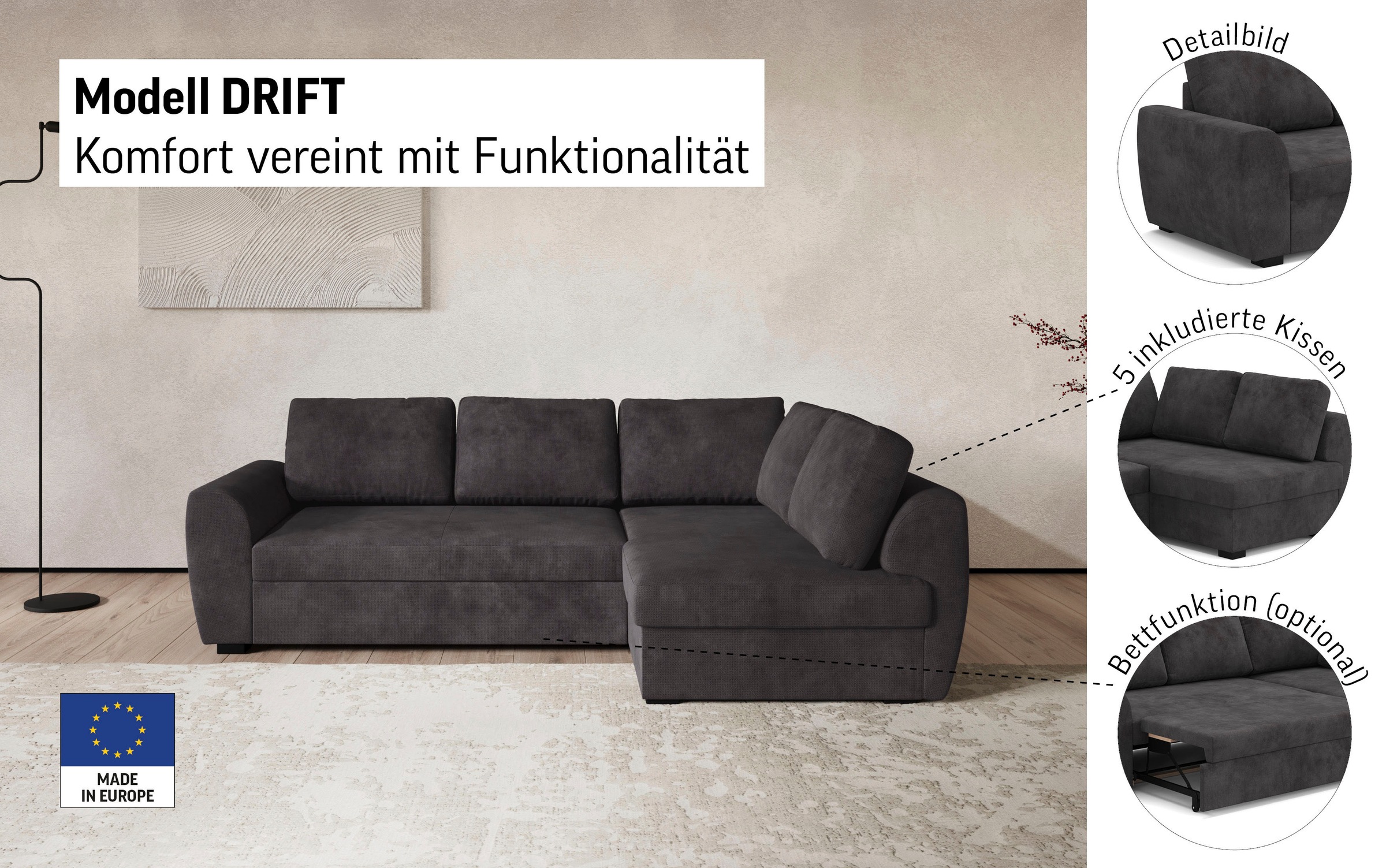 COTTA Ecksofa »Drift L-Form« optional auch mit Schlaffunktion, Wellenunterfederung
