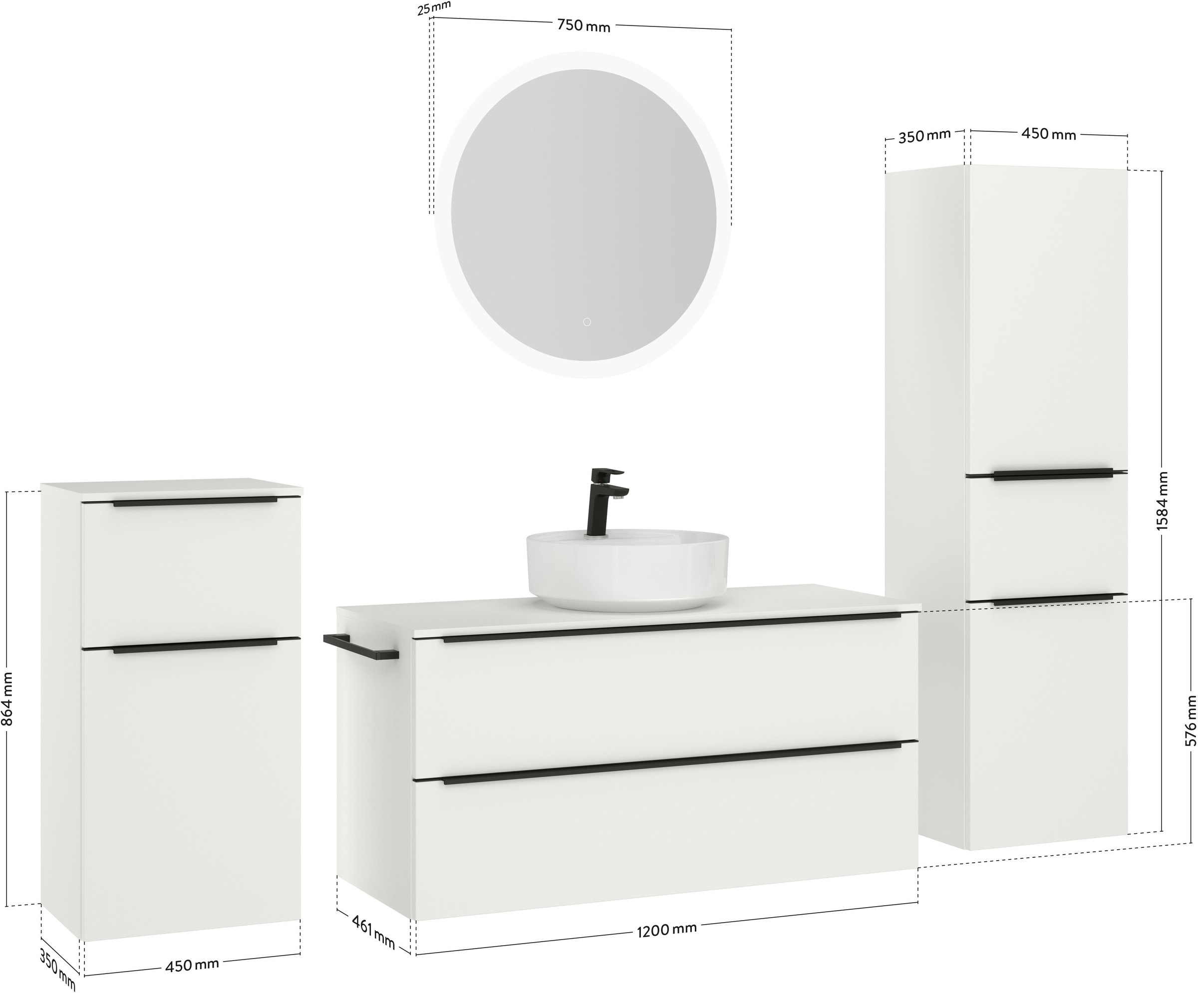 nobilia® Badmöbel-Set »Alvene«, (4 St., vormontiert, mit Soft-Close), inkl. Spiegel mit Touch-Sensor, in vier Breiten