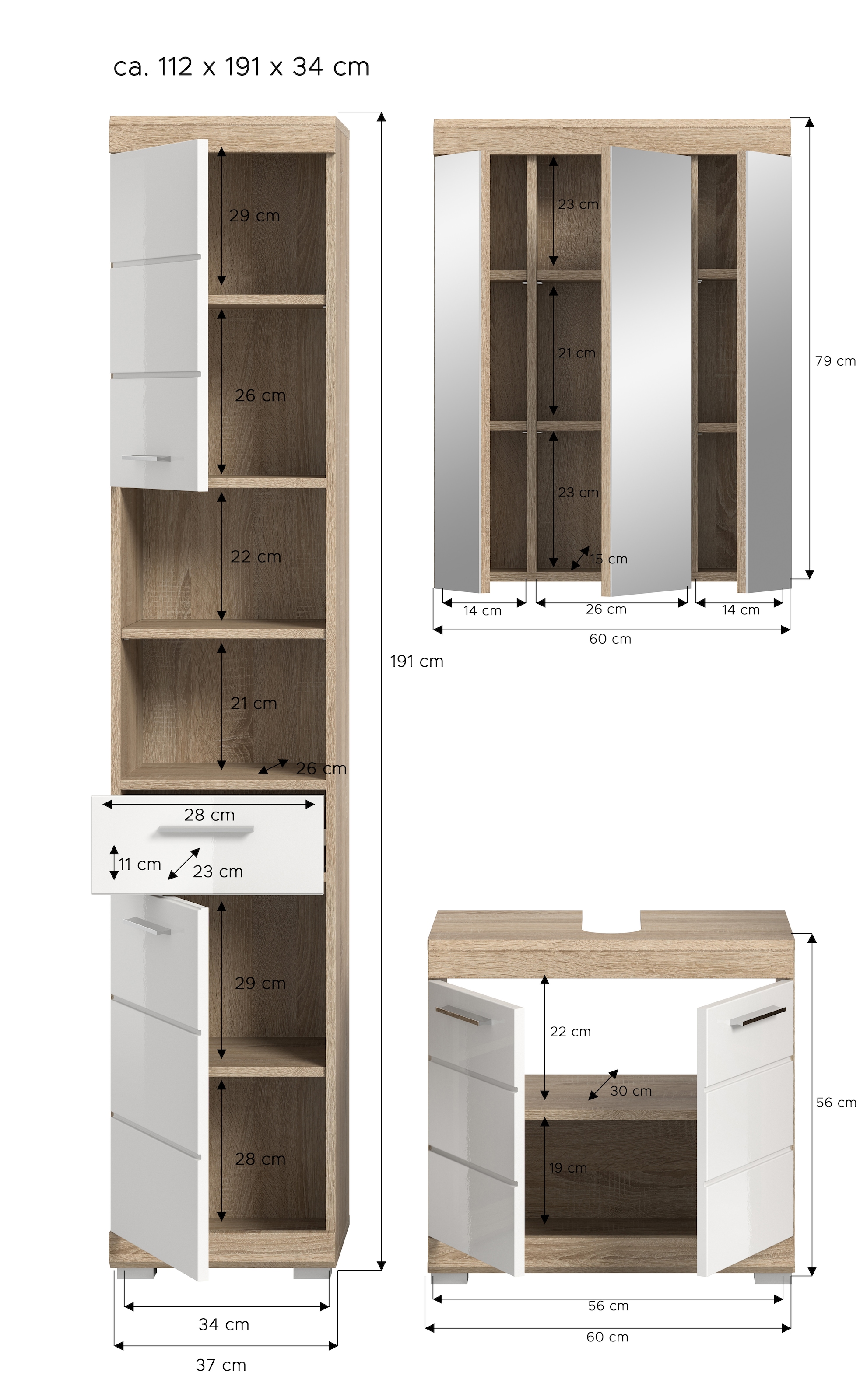 INOSIGN Badmöbel-Set »Siena, 3 teilig, bestehend aus:«, (Set, 3 St.), Hochschrank, Waschbeckenunterschrank, Spiegelschrank