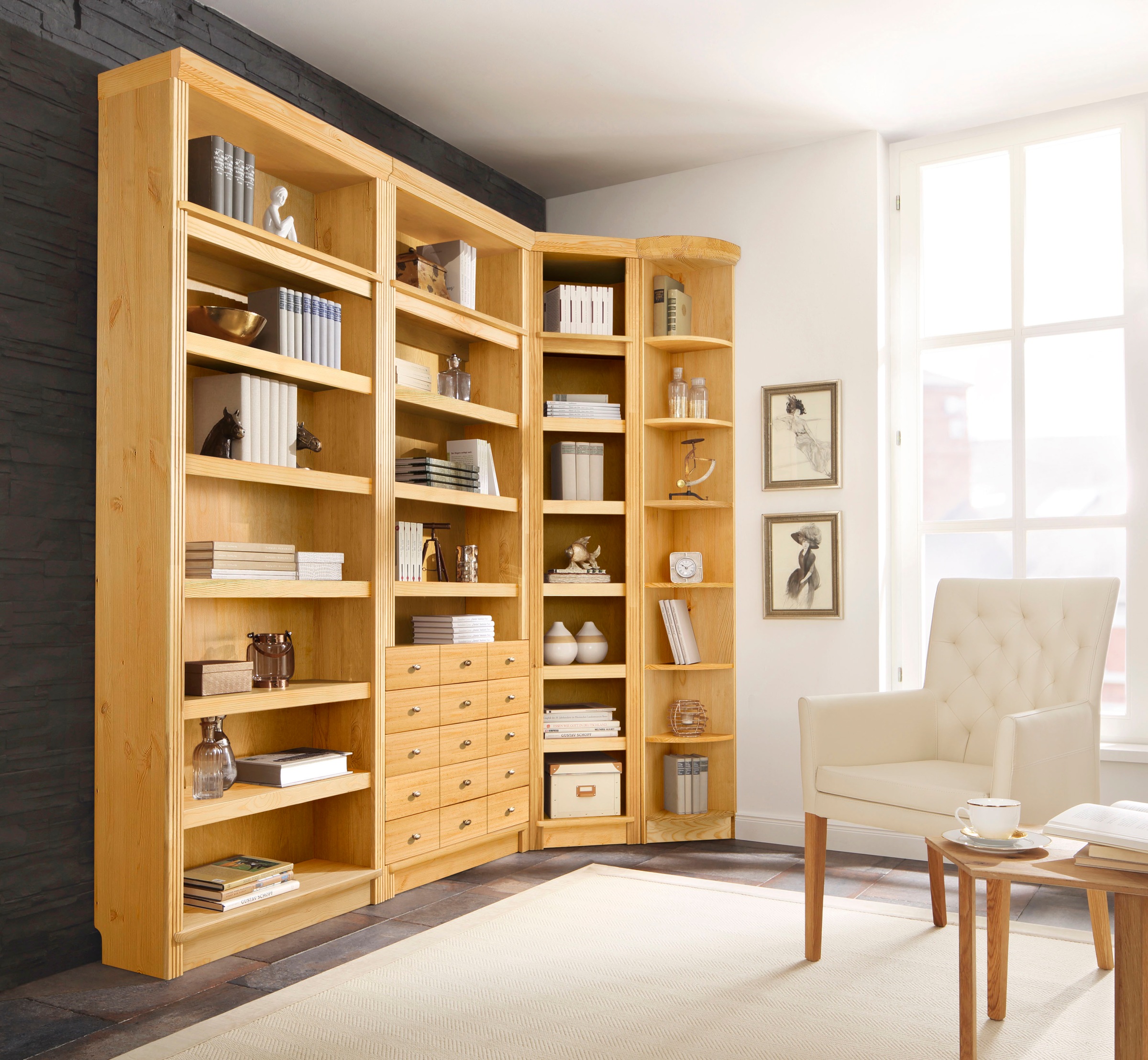 Home affaire Bücherregal »Soeren«, aus massiver Kiefer, in 2 Höhen, Tiefe 29 cm, mit 5 Schubkästen