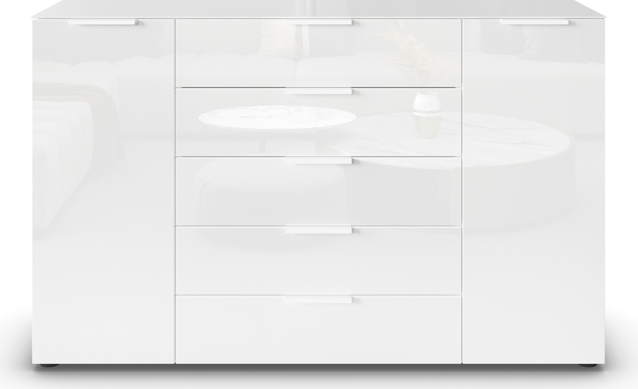 rauch Schubkastenkommode »Kommode Türkommode Sideboard Kombikommode FLIPP mit Glasfront«, (Breite 160/180 cm mit 4 Einlegeböden), 2-türig, 5 Schubladen, Soft-Close, Oberboden und Front Glas, 2 Breiten