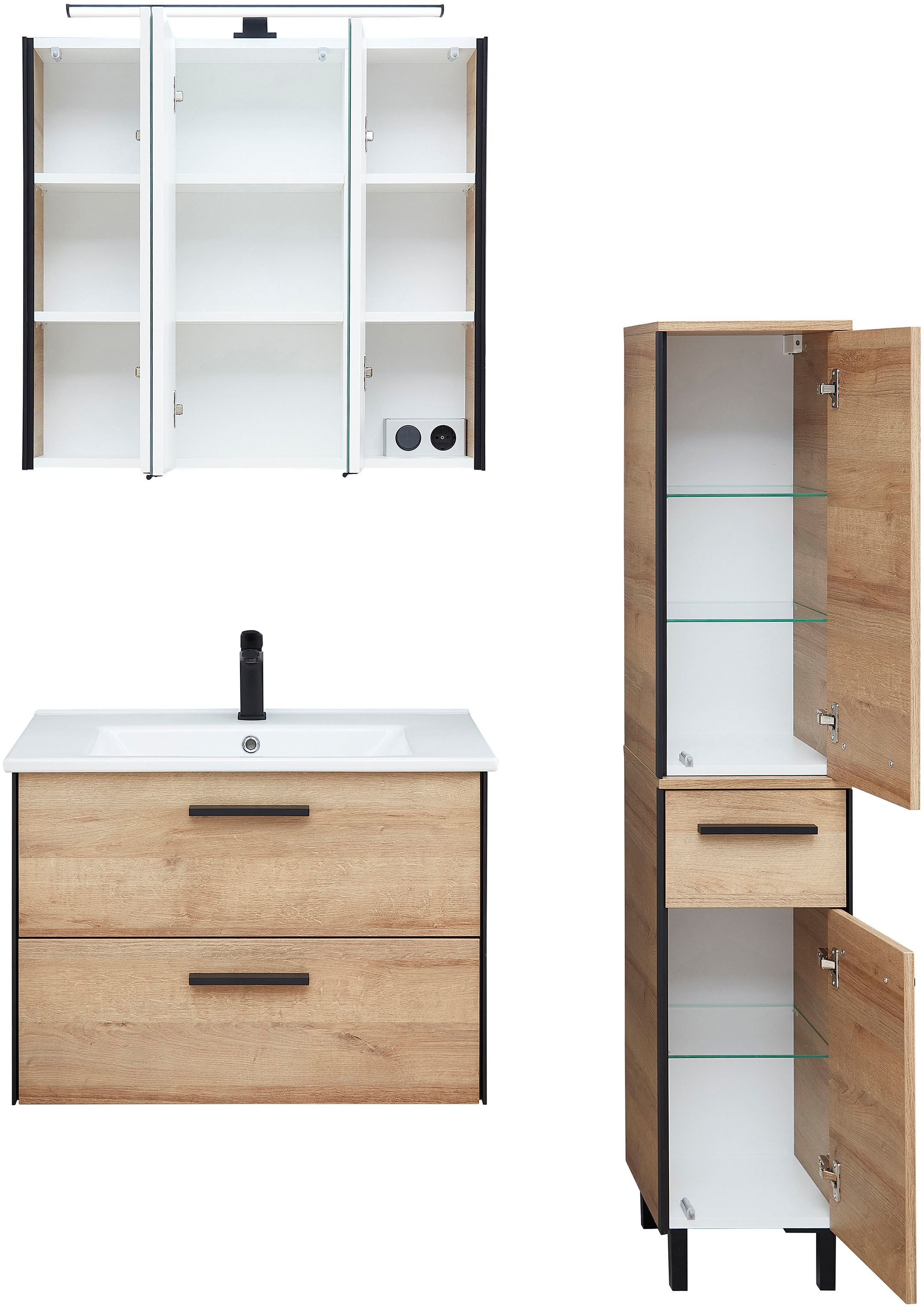 Saphir Badmöbel-Set »Quickset 395 3-teilig, Keramikwaschtisch mit LED-Spiegelschrank«, (5 St.), Midischrank, inkl. Türdämpfer, 5 Türen, 3 Schubladen, Bad-Set