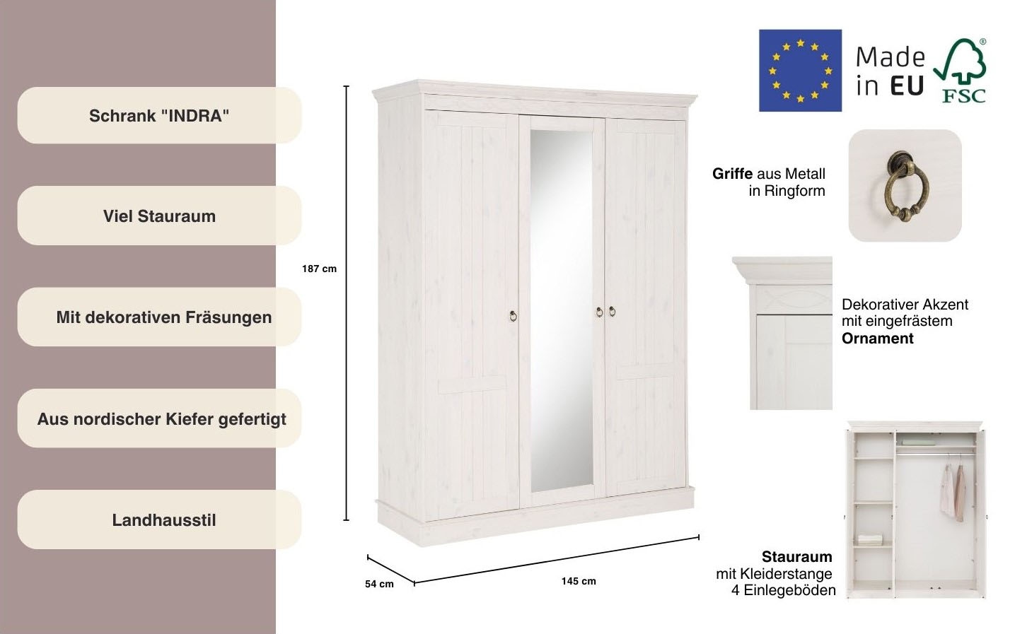 Home affaire Drehtürenschrank »Indra«, (3 Breiten: 100/145/233 cm H/T ca.187/54 cm), aus massiver Kiefer, mit Spiegel bei der 3- und 5trg.Variante
