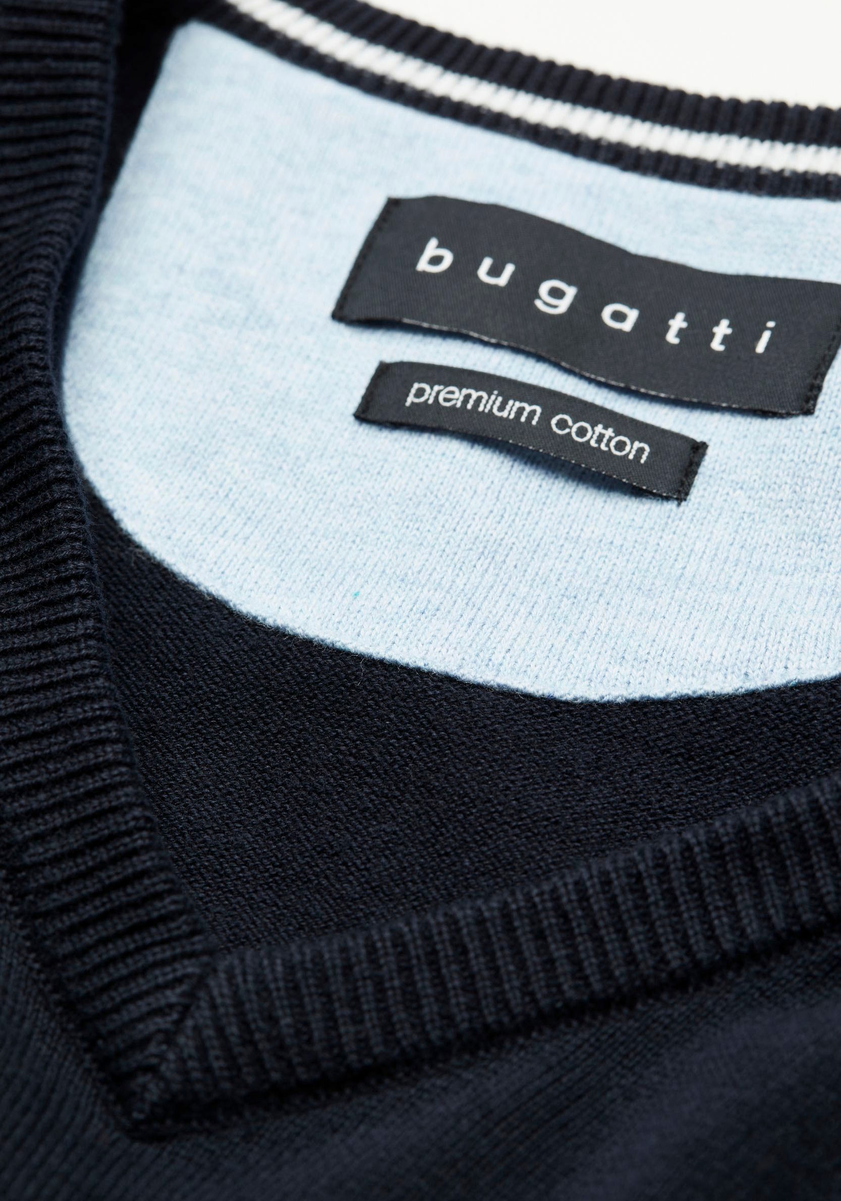 bugatti V-Ausschnitt-Pullover, aus atmungsaktiver Baumwolle und mit Logo-Stickerei