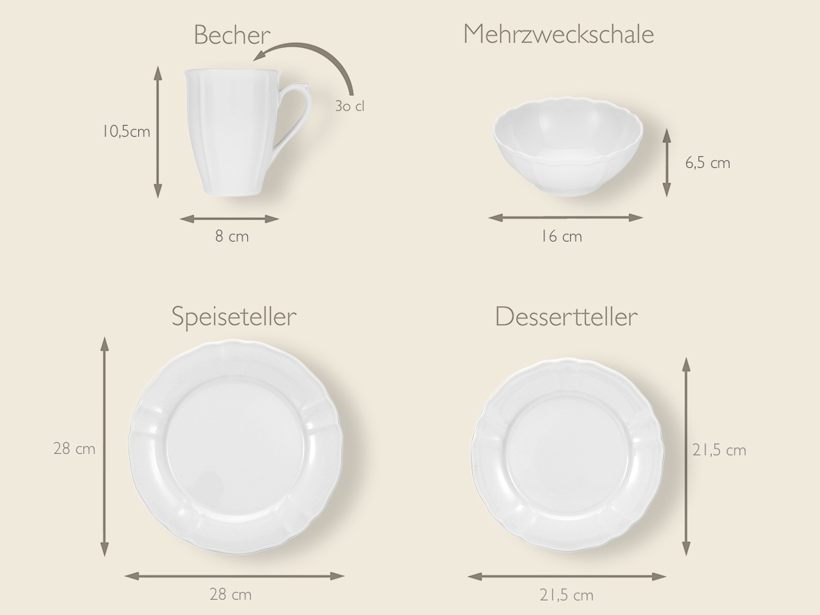 CreaTable Kombiservice »Geschirr-Set Flora«, (Set, 16 tlg., Kaffeeservice und Tafelservice im Set, für 4 Personen), Service weiß, klassische Form im Landhausstil 16 Teile, für 4 Personen