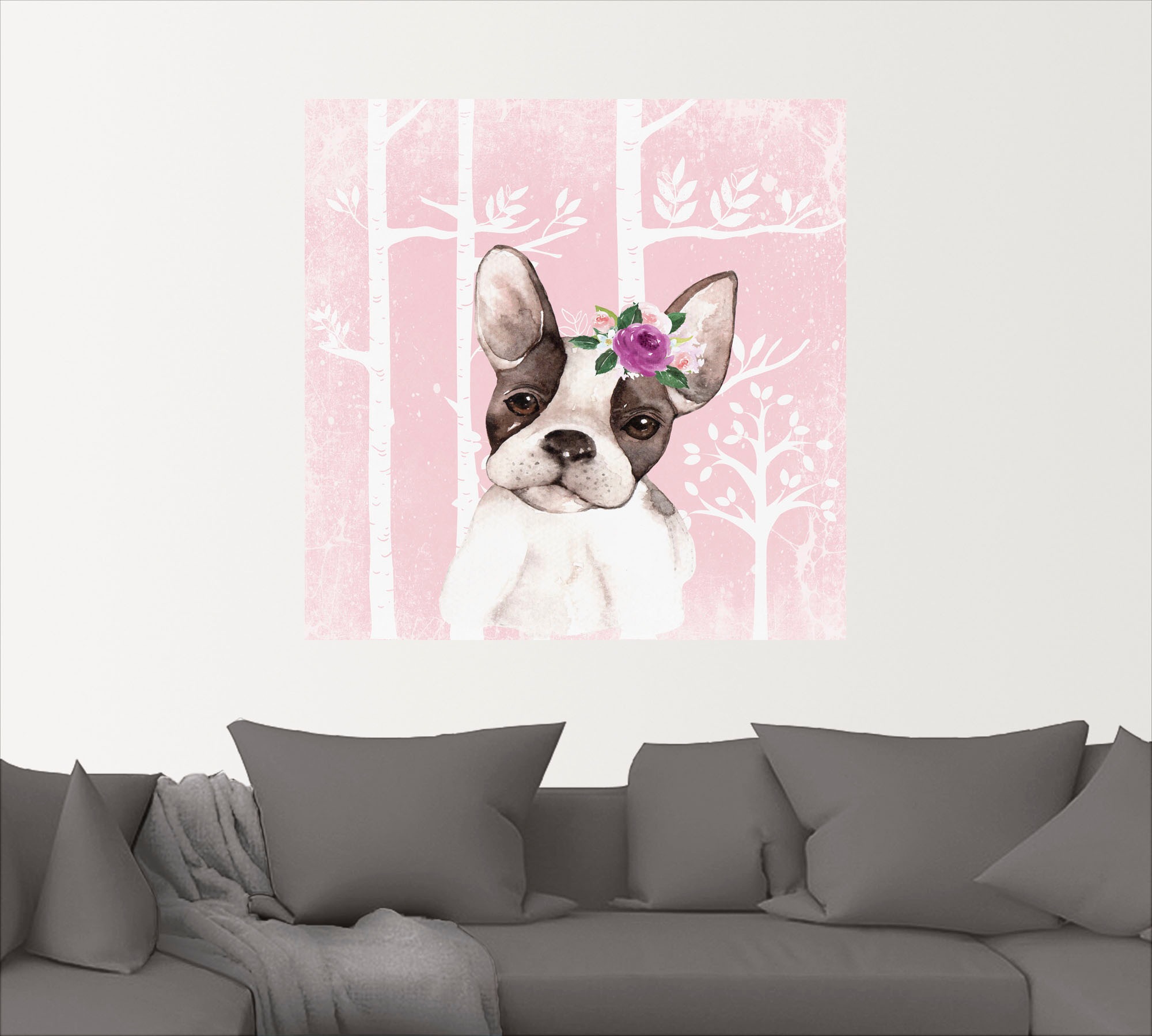 Artland Wandbild »Mops Hund mit Blumen im pink Wald«, Tiere, (1 St.), als Poster, Wandaufkleber in verschied. Größen