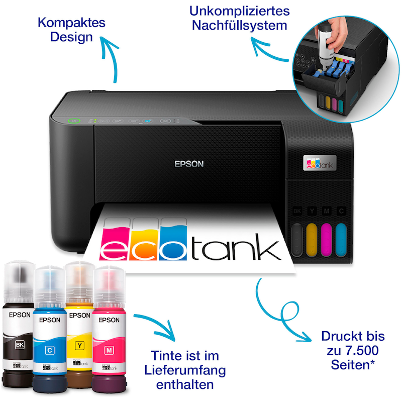 EPSON Multifunktionsdrucker »EcoTank ET-2862« Einfaches, unkompliziertes Tintentanksystem zum Nachfüllen Schwarz spart bis zu 90% Tintenkosten