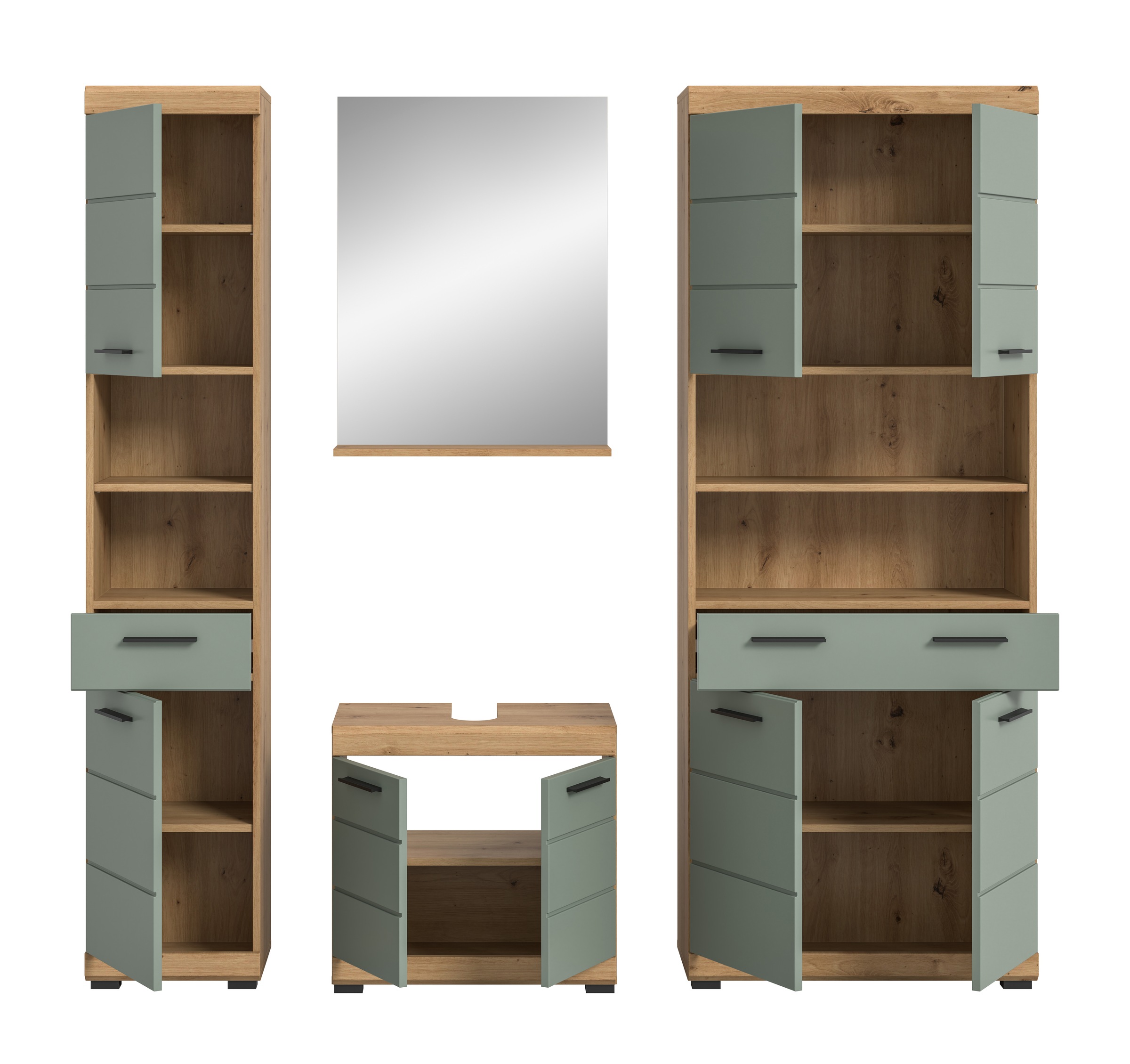 INOSIGN Badmöbel-Set »Siena, 4 teilig, bestehend aus:«, (Set), Hochschrank, Waschbeckenunterschrank, Badspiegel, Hochschrank breit