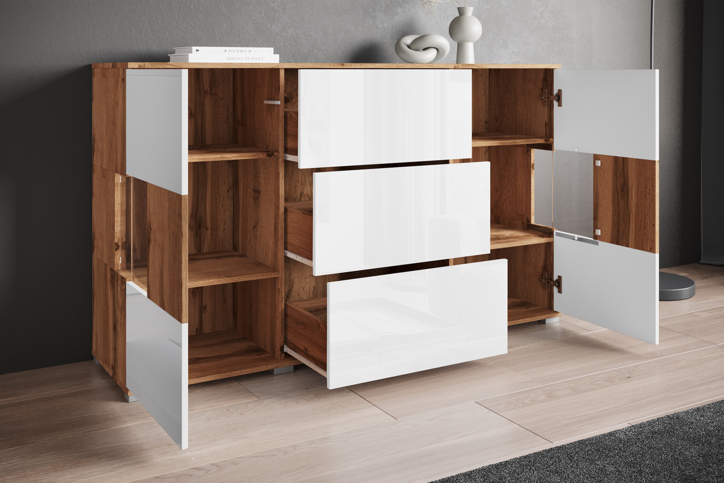 INOSIGN Sideboard »Kenia«, (1 St.), Sideboard mit 3 Schubladen, 6 Fächern, Glastüren, Breite 150 cm