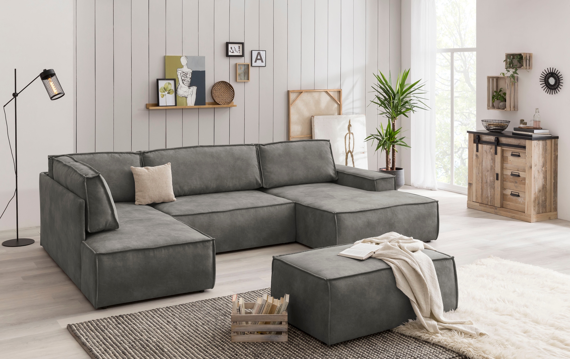 Home affaire Wohnlandschaft »SHERWOOD 329 cm, U-Form, Schlafsofa,«, Schlaffunktion m. Bettkasten (194x139 cm), Cord, Vintage, Samtvelours