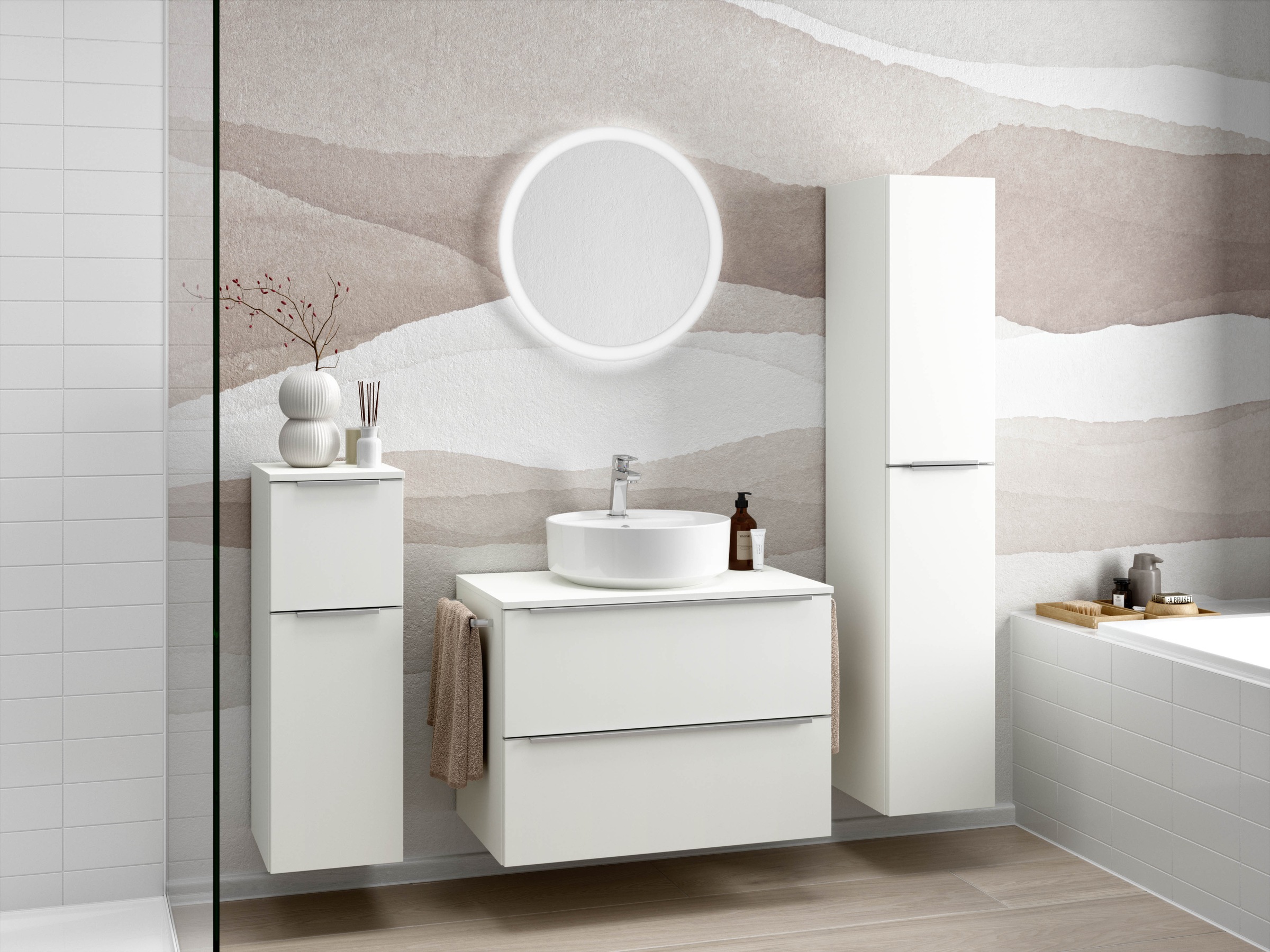 nobilia® Badmöbel-Set »Alvene«, (2 St., vormontiert, mit Soft-Close), inkl. Spiegel mit Touch-Sensor, in vier Breiten