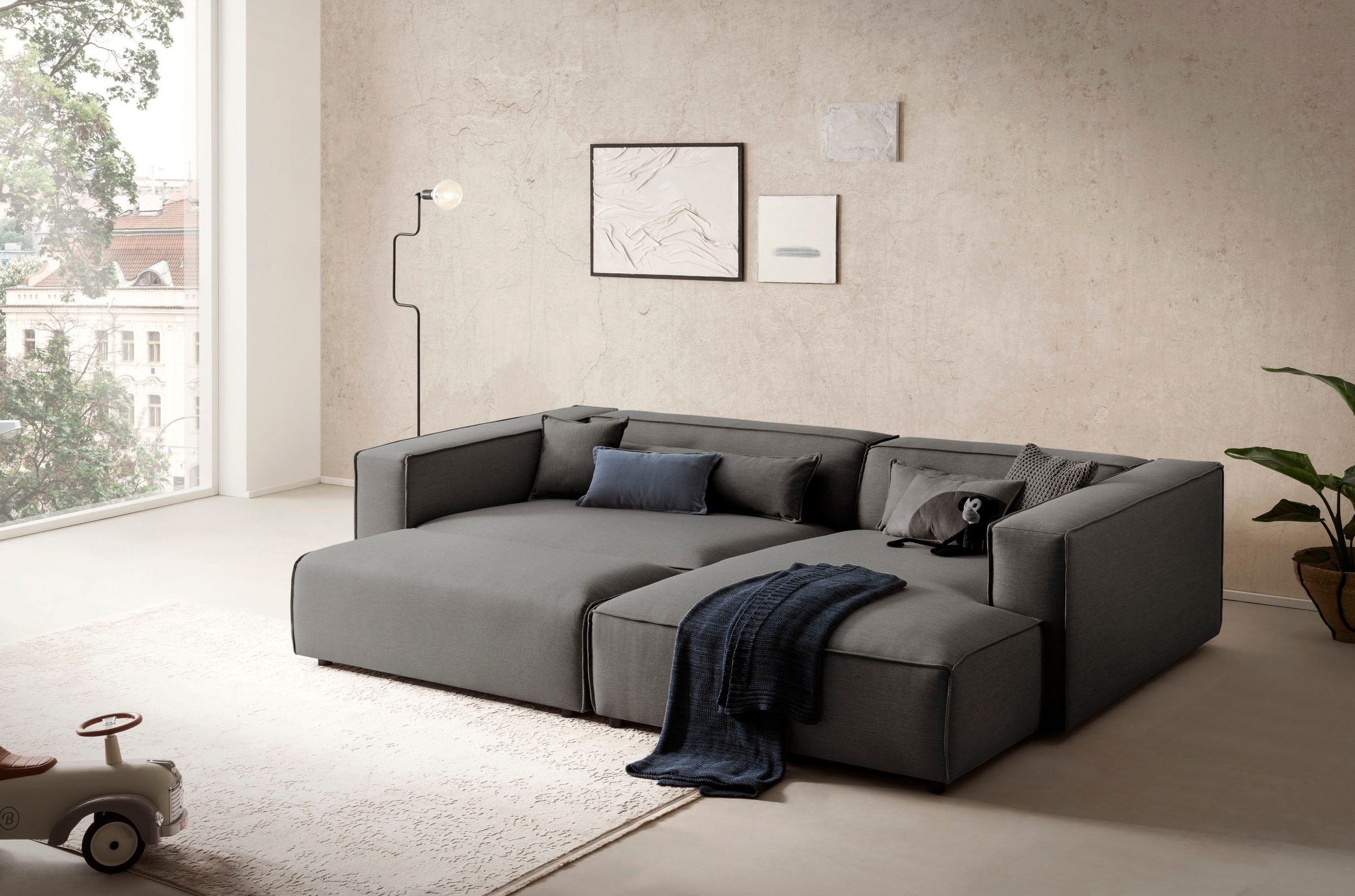 LeGer Home by Lena Gercke Polsterecke »PIARA XXL, L-Form mit Schlaffunktion, Big-Sofa in Cord o. Leinenoptik«, Hocker stellbar zum Schlafsofa (Krokodilverbinder), tiefe Sitzfläche