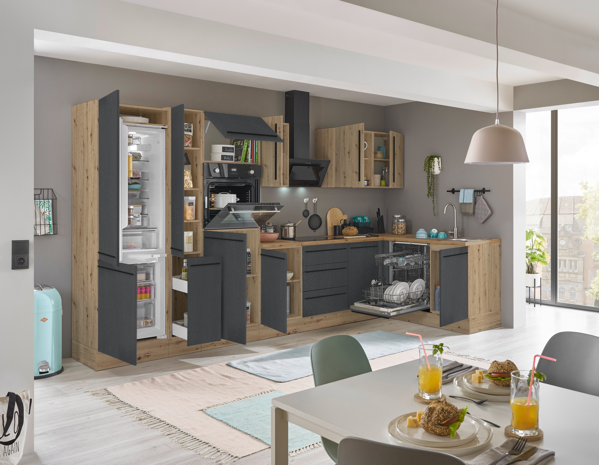 KOCHSTATION Winkelküche »Florida, Stellbreite 370x175 cm« wahlweise mit E-Geräten, mit Softclose für Türen und Schubkästen