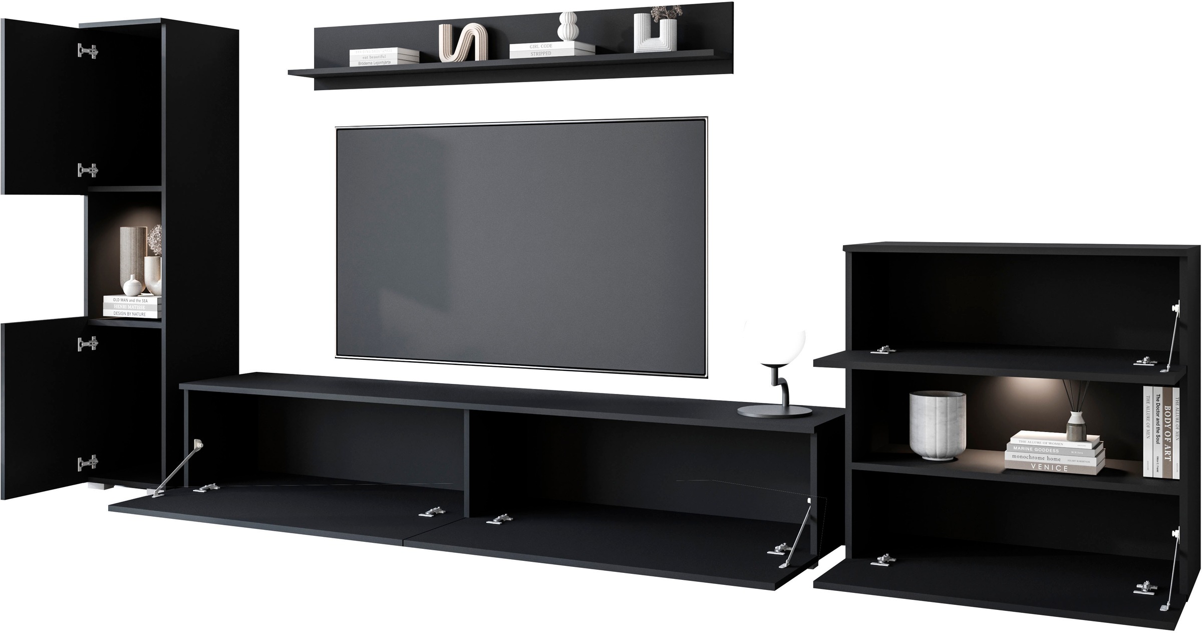 INOSIGN Wohnwand »PARIS«, (Komplett-Set, 4 St.), TV-Wand 300cm breite, grifflose Design, stehend und hängend montierbar