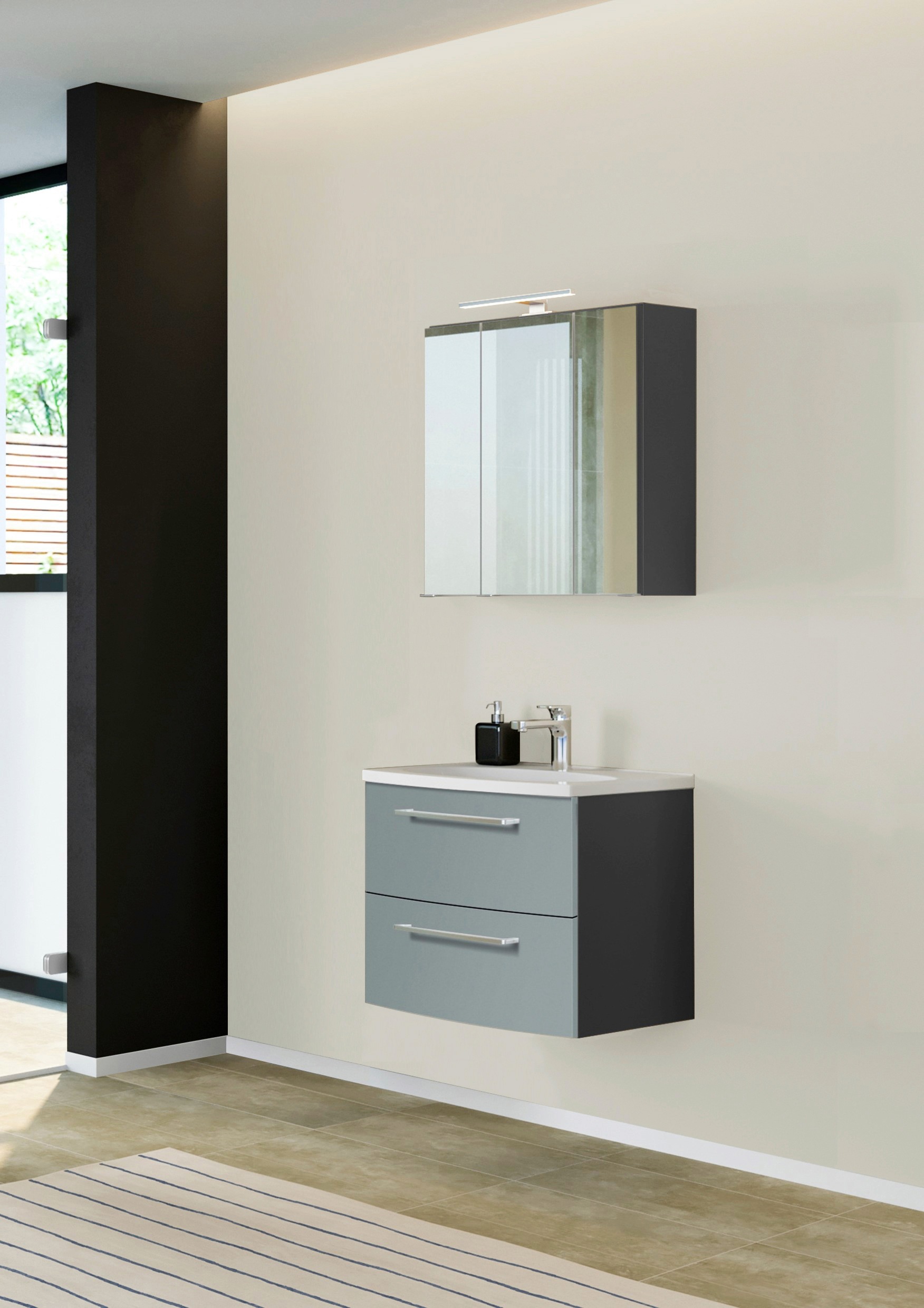 welltime Badmöbel-Set »Catania«, (2 St.), mit 3D-Spiegelschrank und gebogenes Mineralgussbecken