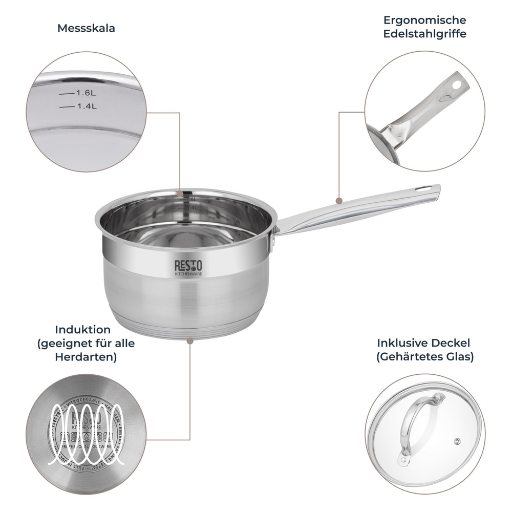 RESTO Kitchenware Kasserolle »Rigel, Soßentopf 1,9 l, energiesparend und spülmaschinenfest«, Edelstahl 18/10, (2 tlg.), mit hitzebeständigem Glasdeckel, im Geschenkkarton