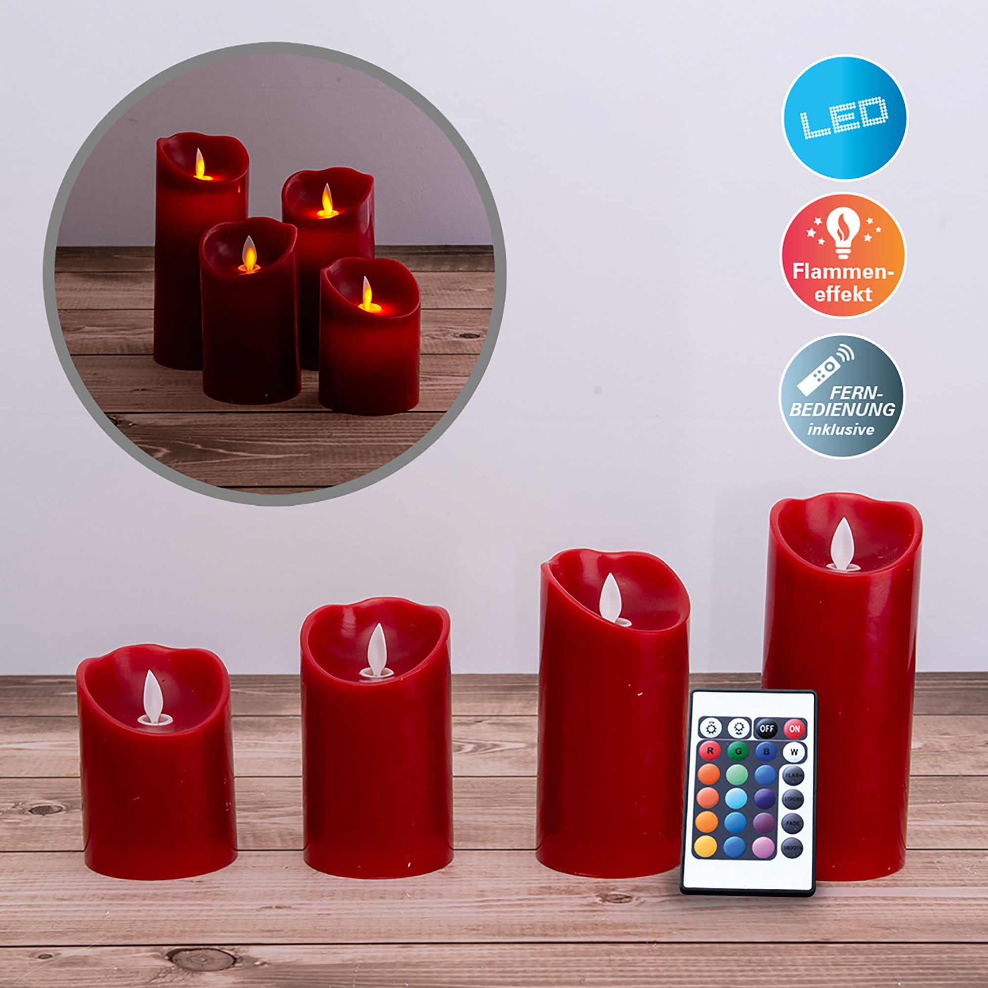 näve Dekolicht »Kerzen«, 1 flammig, 4er Set (Höhe 10cm 12,5cm 15cm 17,5cm) rot dimmbar Timer Ã˜ 7,5cm