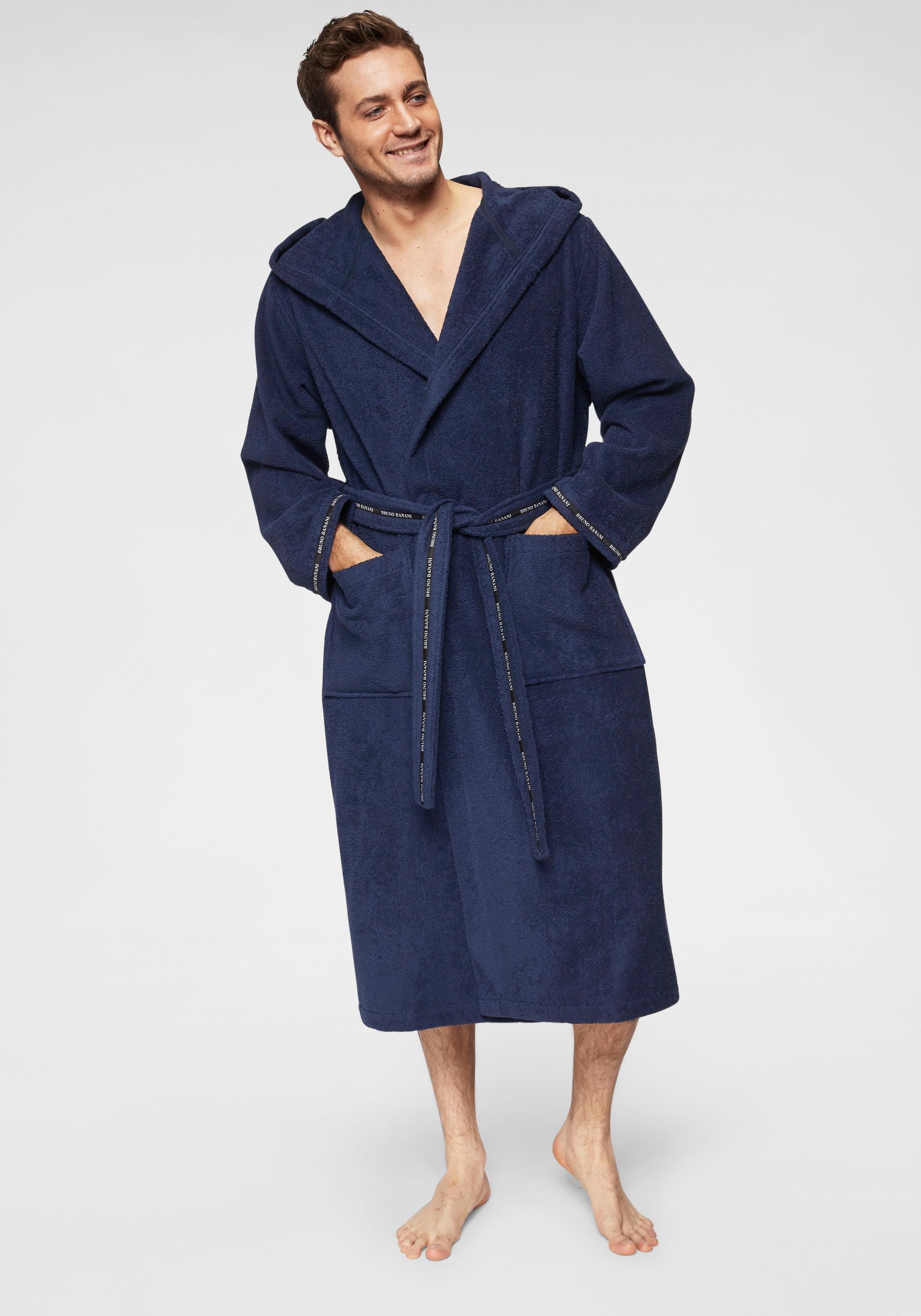 Bruno Banani Herrenbademantel "Danny, Normallänge & Überlänge, auch in extra lang, Hotelbademantel" Gr. L, blau (marine), L L: 125cm