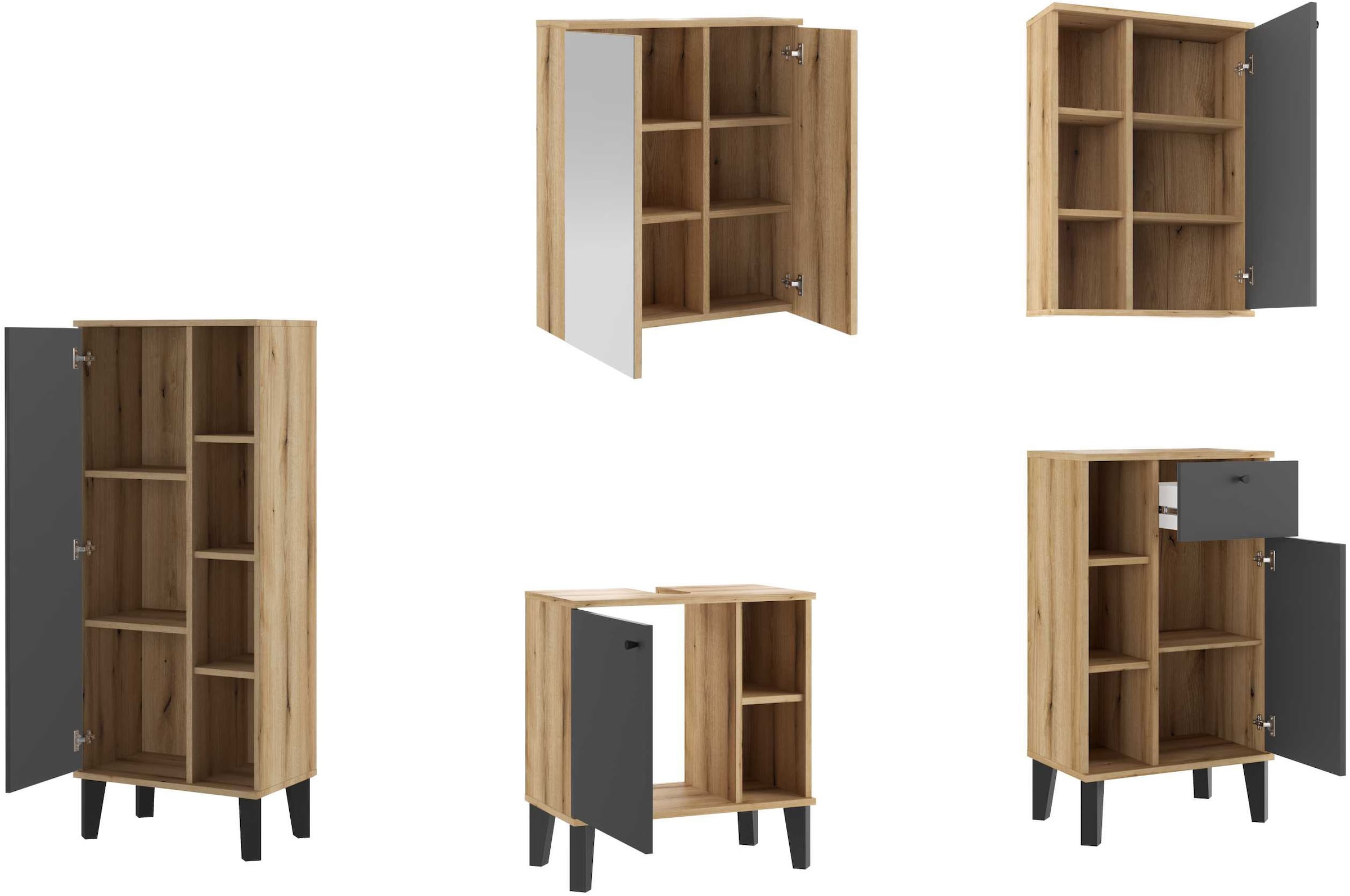 INOSIGN Badmöbel-Set »OSLO, Bad im skandinavischen Design, 5-teiliges Badezimmer«, (Set, 5 St.), Badschränke und Spiegel, in zwei Farben verfügbar, viel Stauraum