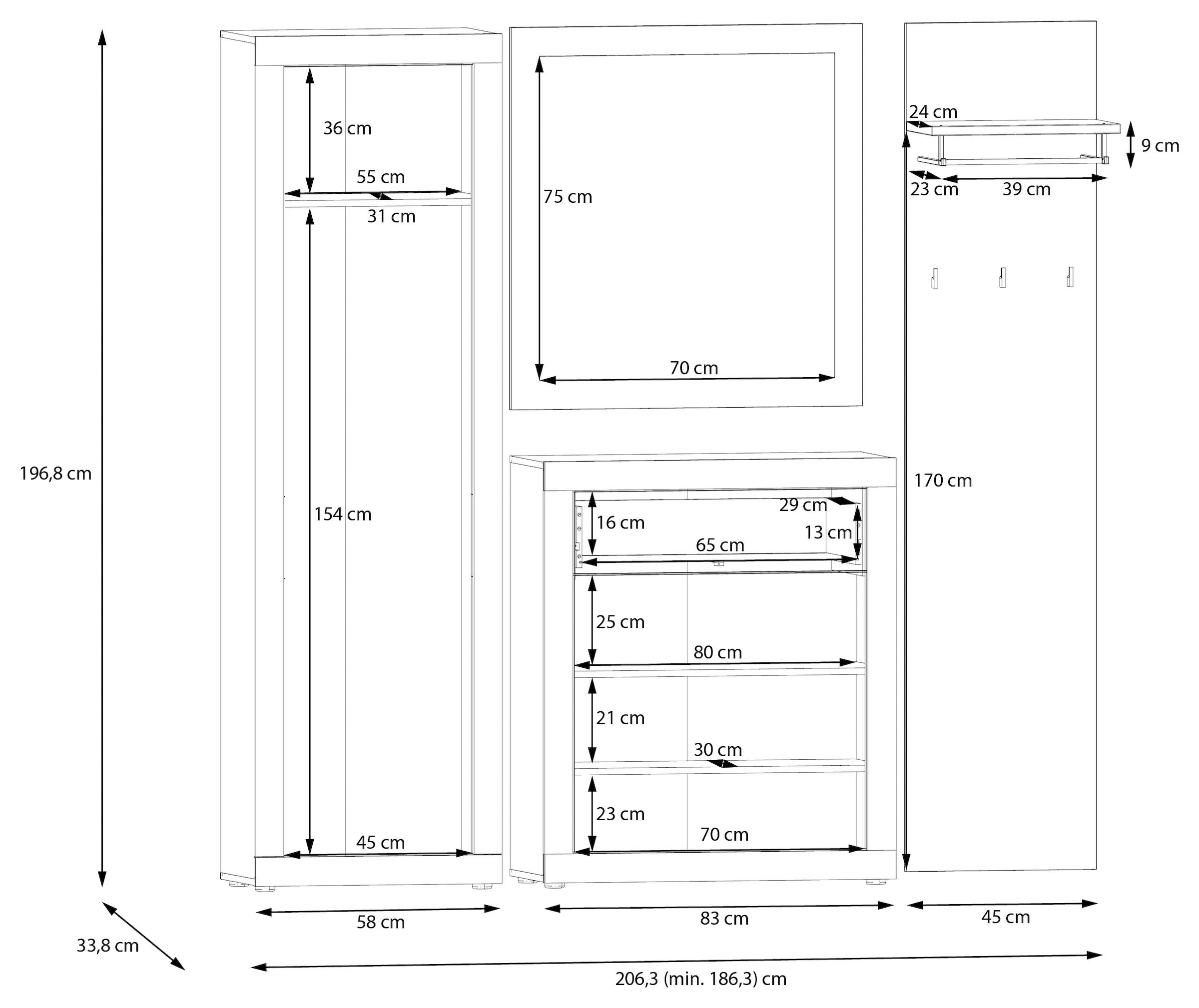FORTE Garderobenpaneel »Baccio«, (Kombinierbar mit 14164136, 27097631, 93072840), Panell, Kleiderstange, Haken, Kleine Flure