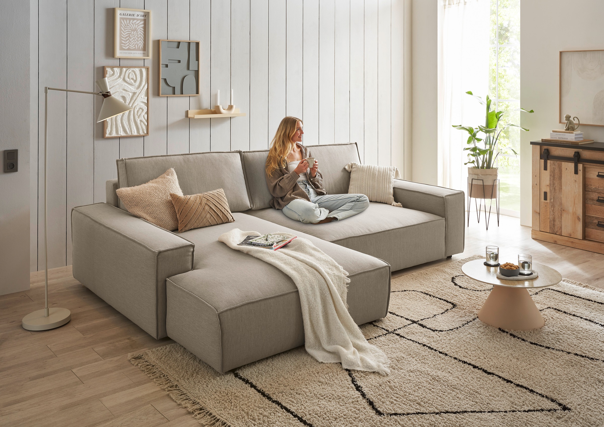 Home affaire Ecksofa »NEU: SHERWOOD XXL 284, Big-Sofa L-Form, tiefe Sitzfläche 95 cm, Cord«, Recamiere rechts/links, als Schlafsofa stellbar, Cord u. Leinenoptik