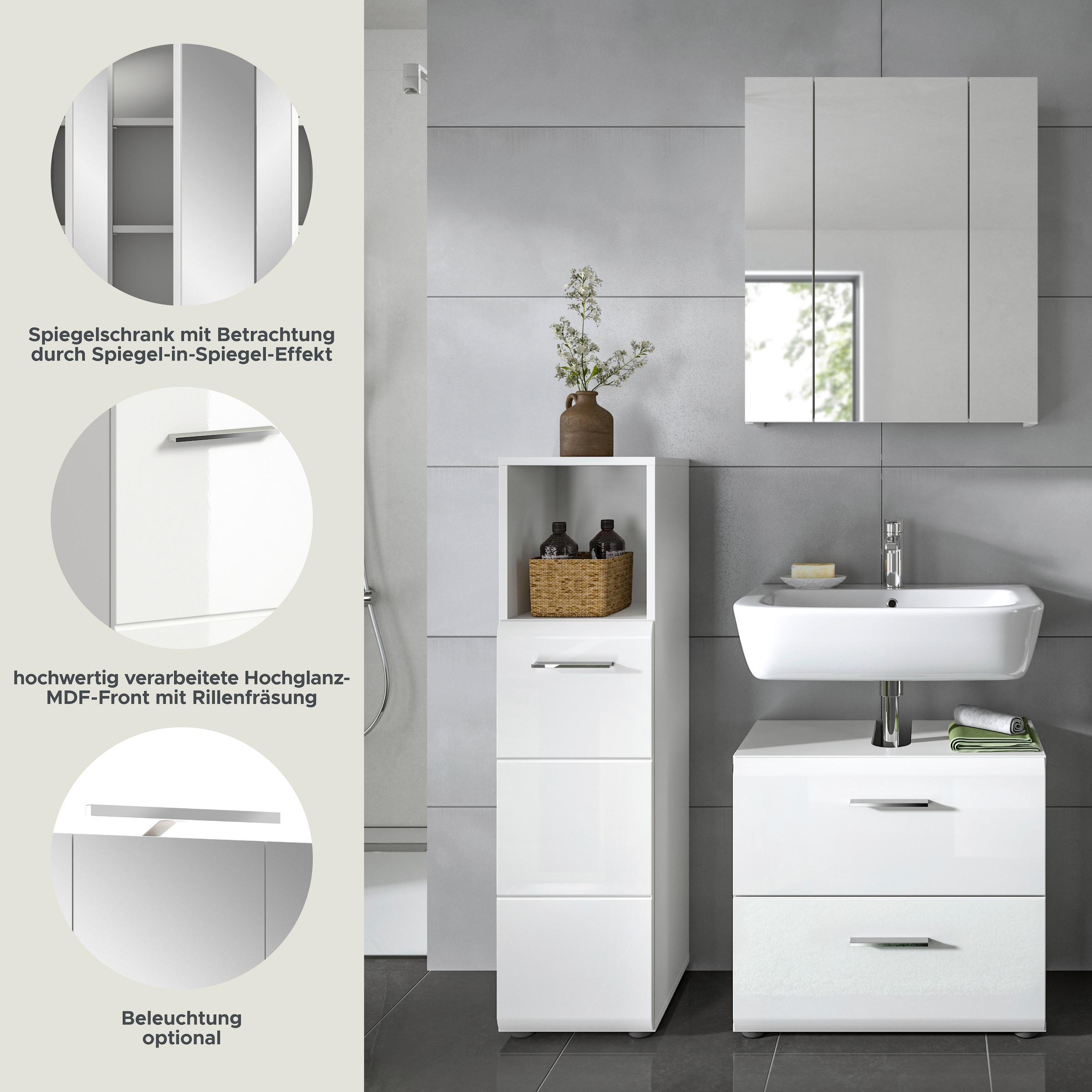 INOSIGN Badmöbel-Set »FLORENZ, TOPSELLER!, 3-teilige Badkombination, hochwertige MDF-Front«, (best. aus: Midischrank hoch, Waschbeckenunterschrank, Spiegelschrank), Bad-Kombination, Bad-Möbel, Badezimmer, Kombination, Kombi