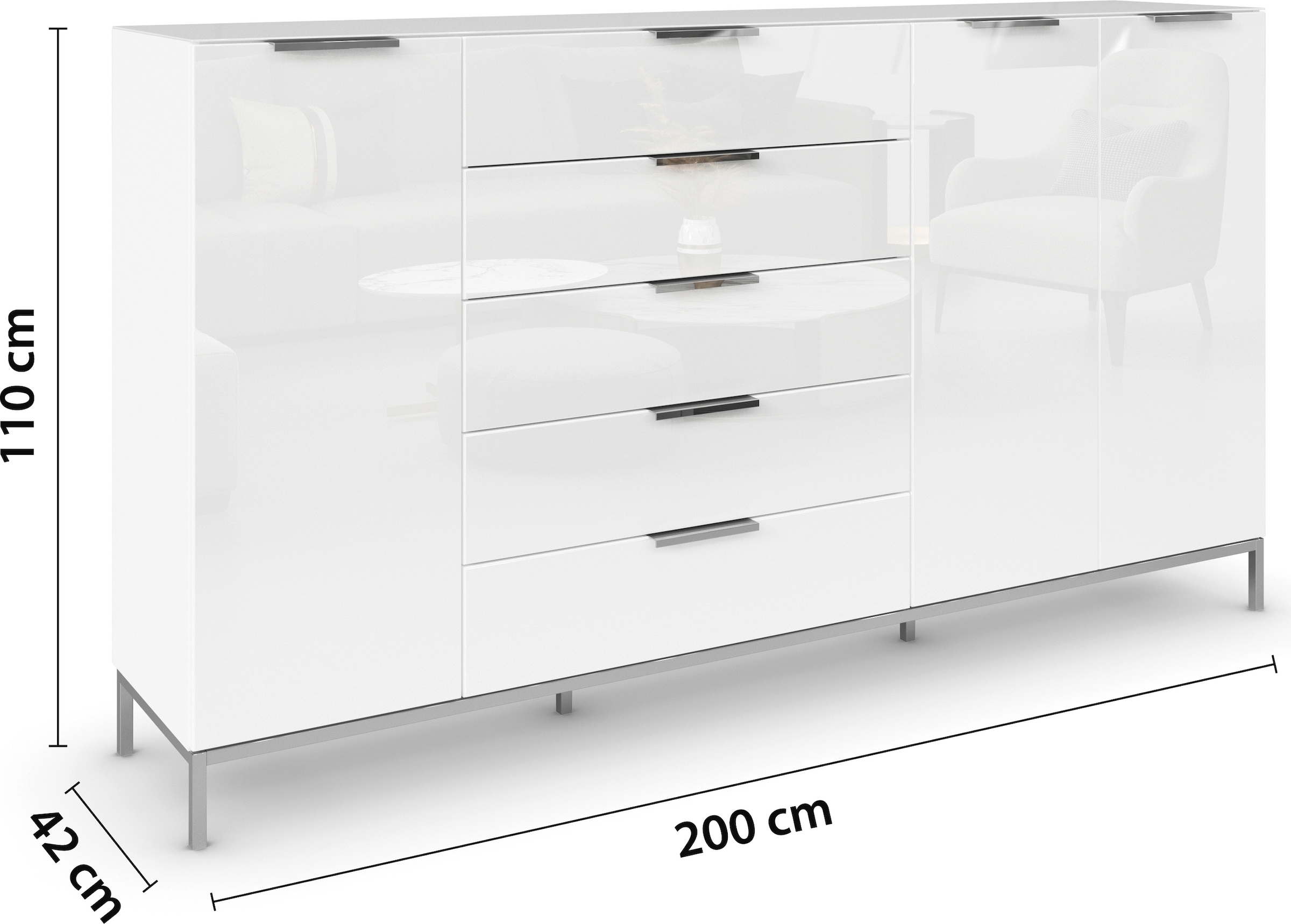 rauch Kombikommode »Kommode Türkommode Sideboard Kombikommode FLIPP mit Glasfront«, (Breite 200 cm mit 4 Einlegeböden), 3-türig, 5 Schubladen, Soft-Close-Funktion, Oberboden und Front Glas