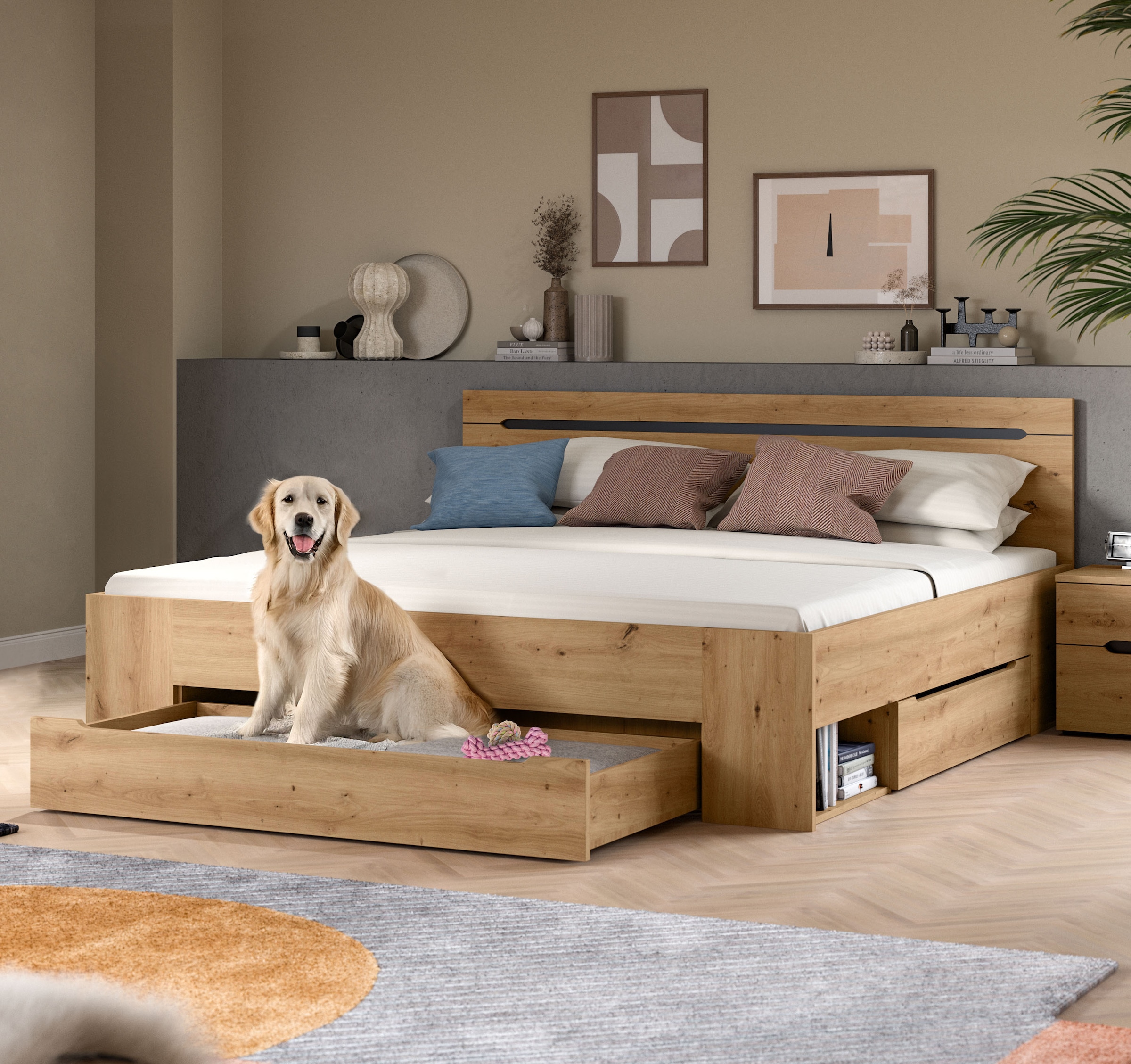Home affaire Stauraumbett »REHAT, in 144 oder 184 cm Breite, 3 Schubkästen, 2 offene Fächer« TOPSELLER!, für Matratzen 140x200 cm, viel Stauraum, ohne Lattenrost, 1 tlg. Bett, Kastenbett, Bettgestell, Schlafzimmer, Schlafen