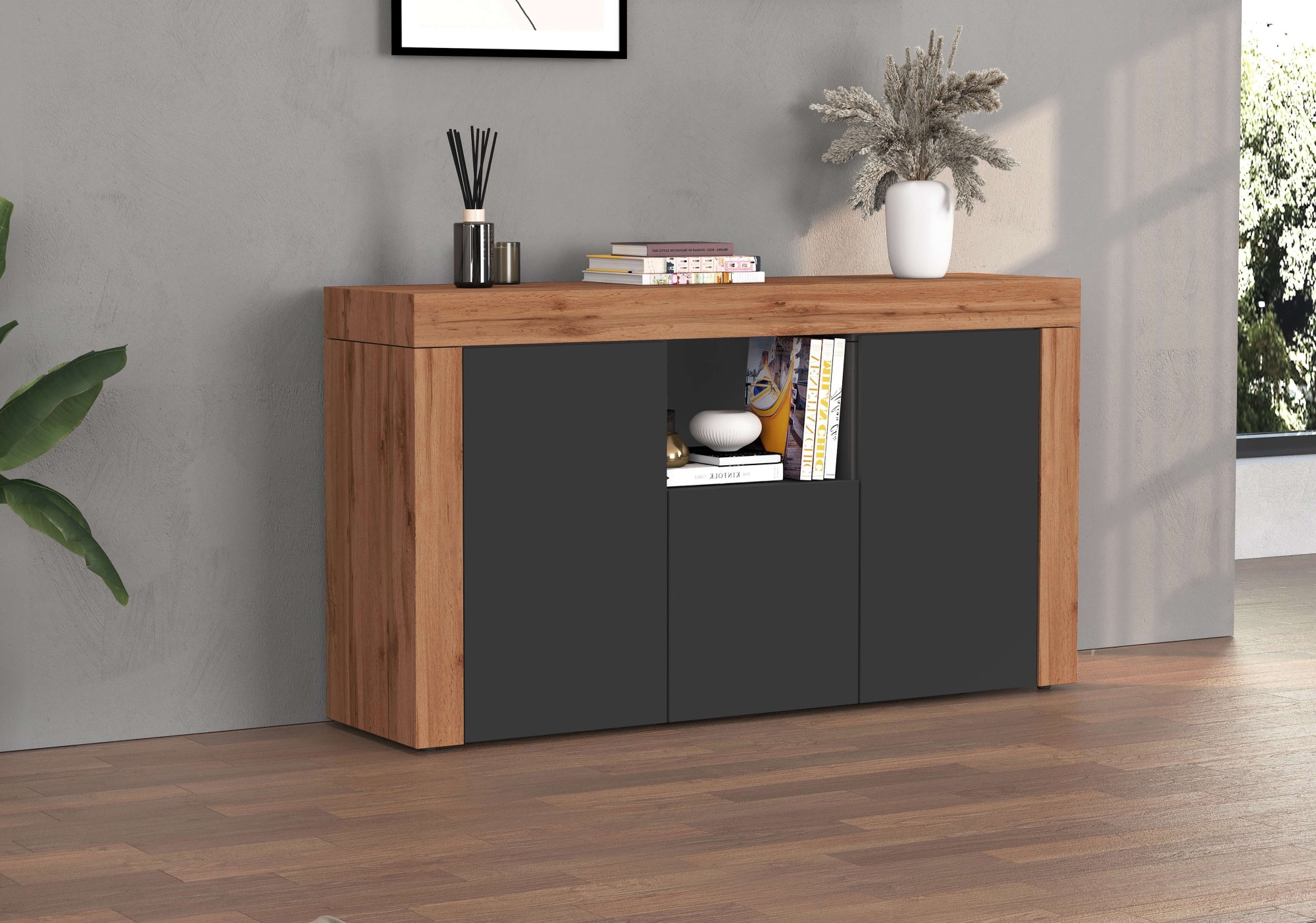 INOSIGN Sideboard »CHRONOS Breite 155 cm mit 3 Türen, 1 offenes und 6 geschlossene Fächer«, (1 St.), Sideboard,Kommode, Schrank, Grifflos mit Push to Open, Made in Italy