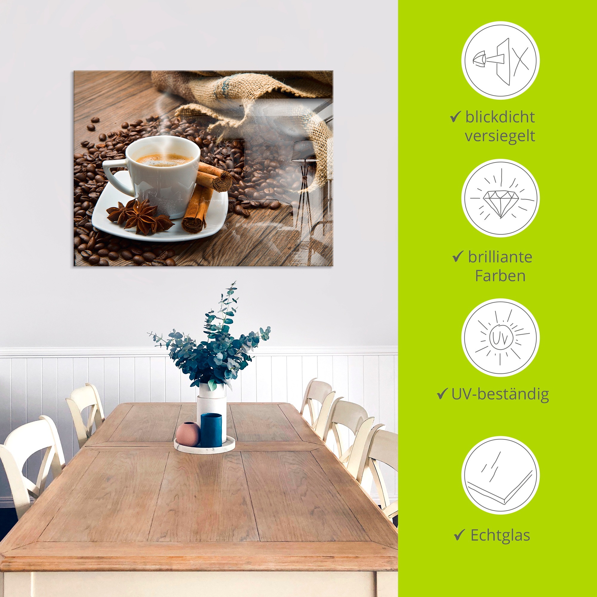 Artland Glasbild »Kaffeetasse Leinensack mit Kaffeebohnen«, Getränke, (1 St.), in verschiedenen Größen
