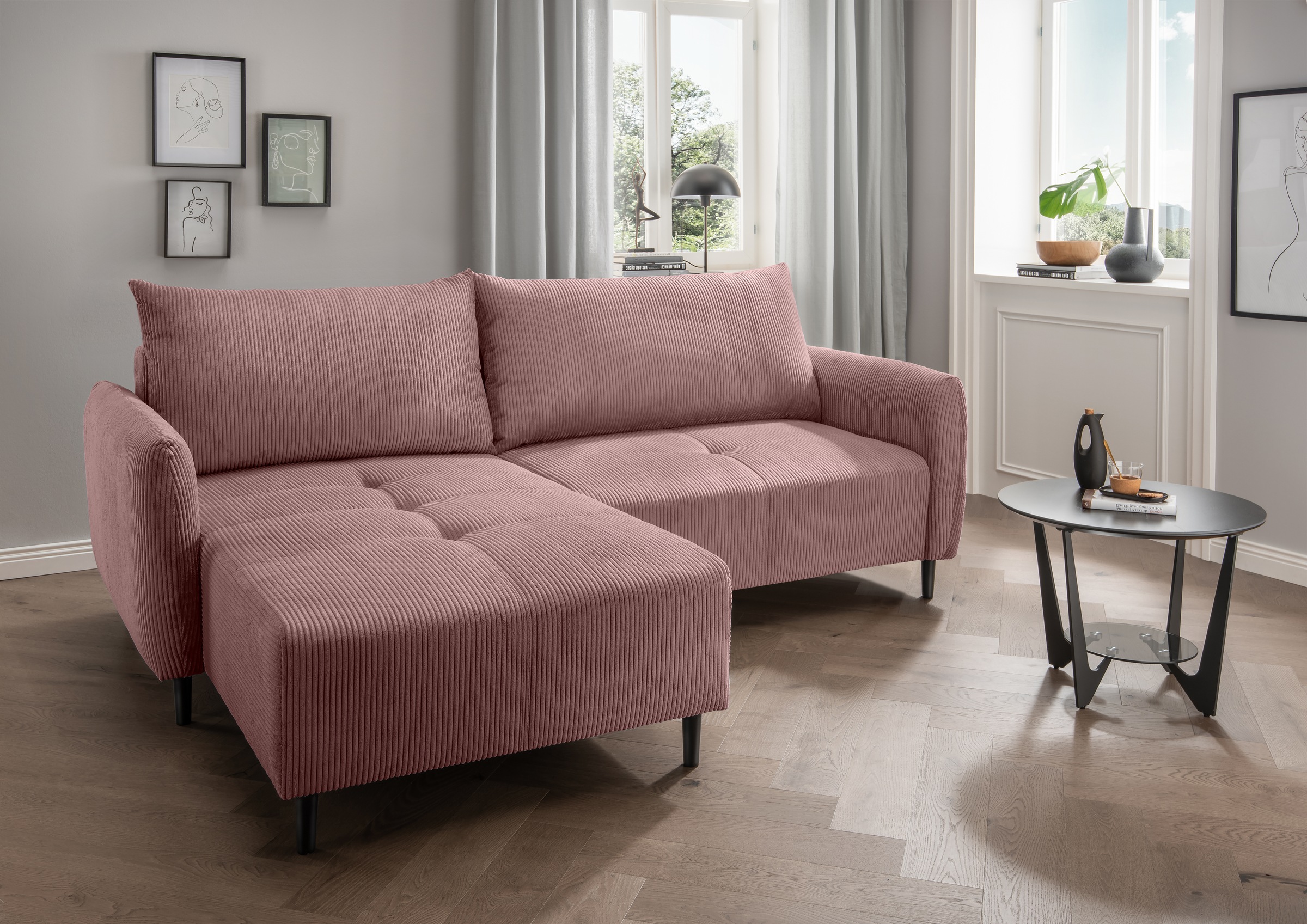 INOSIGN Ecksofa »Mara, L-Form, aktueller Cord Bezug und tolle Farben, schmale Armlehnen«, whlw. mit Bettfunktion,Recamiere links/rechts montierbar, Breite 238cm