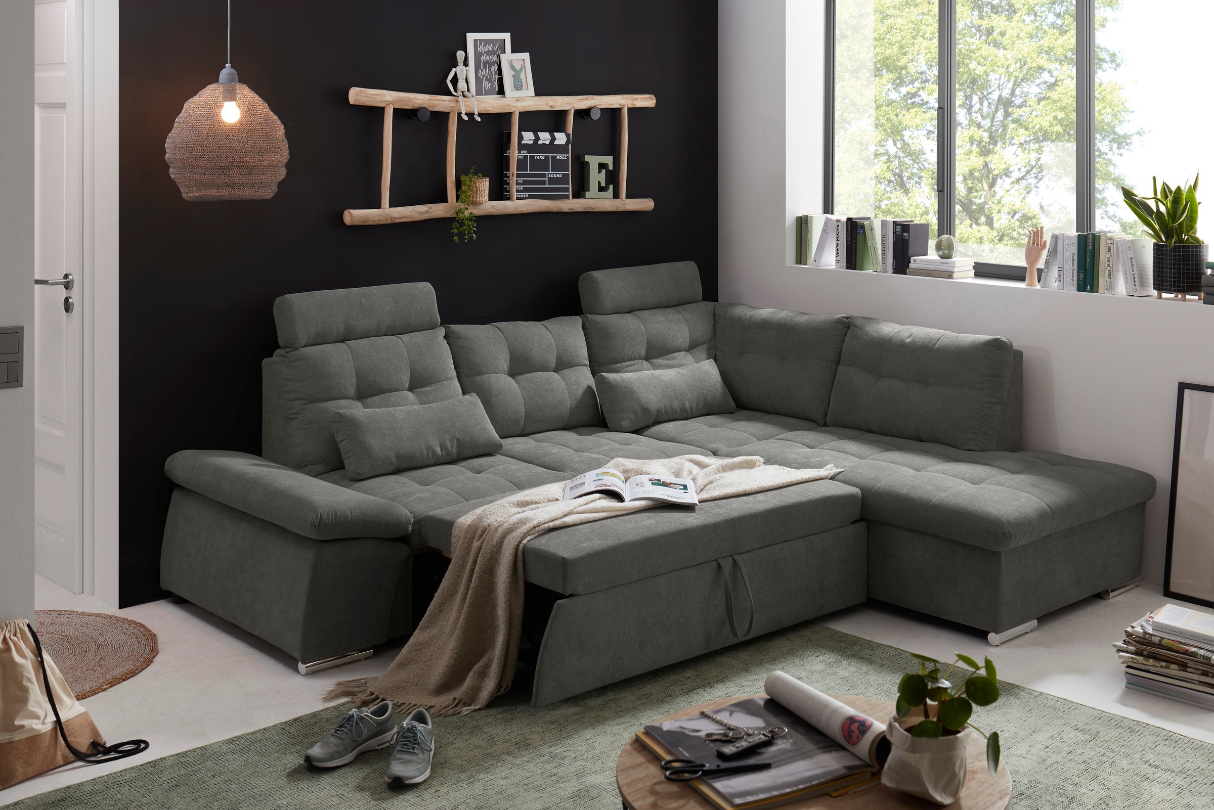 ED EXCITING DESIGN Ecksofa »Nalo L-Form« mit Bettfunktion, Armteilverstellung, Kopfstützen & 2 Nierenkissen