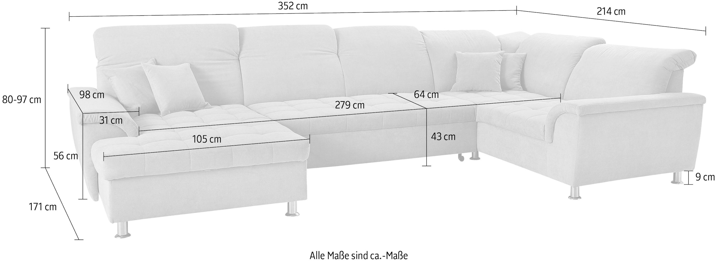 DOMO collection Wohnlandschaft »Franzi, optinal mit Bettfunktion & Bettkasten & Kopfteilverstellung«, XXL-Sofa, Recamiere links, graphite, B/T: 352/214 cm
