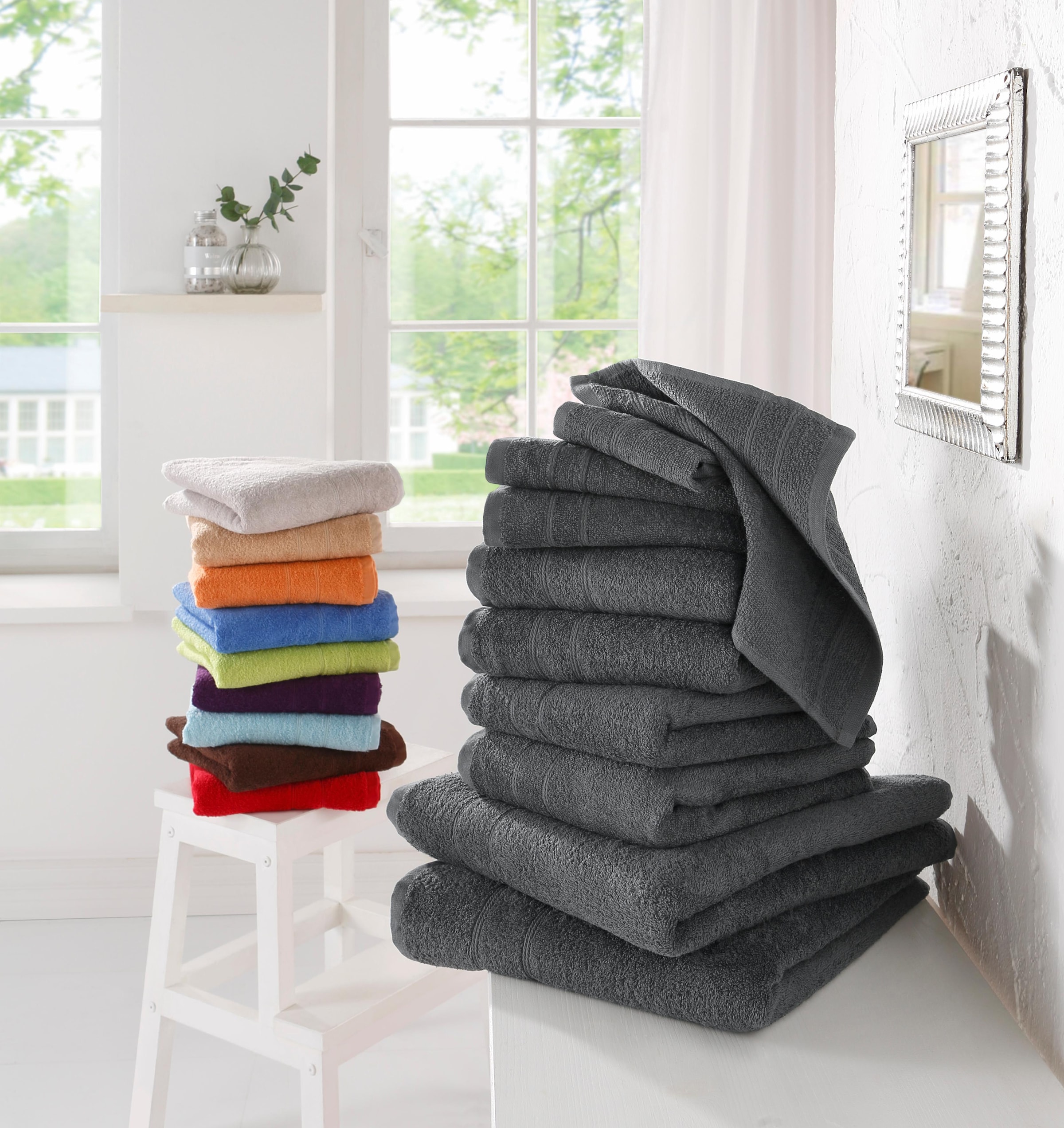 my home Handtuch Set »Inga, Duschtücher, Handtücher, Gästetücher, Seiftücher«, 10 tlg., Walkfrottee, Handtücher mit feiner Bordüre, 100% Baumwolle, einfarbig, weich