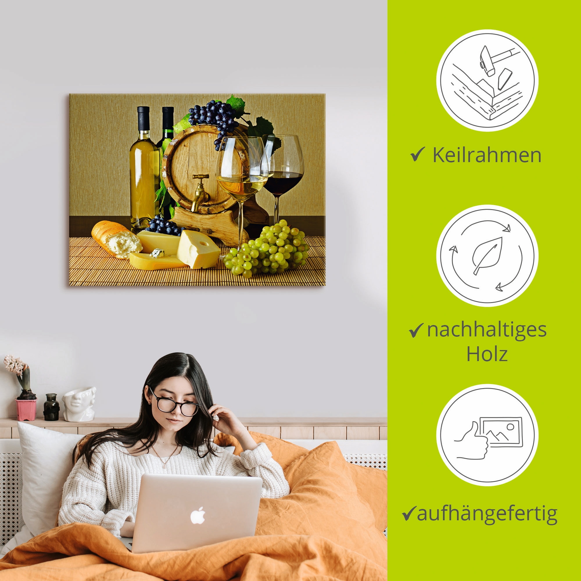 Artland Wandbild »Käse, Wein und Trauben«, Lebensmittel, (1 St.), als Alubild, Leinwandbild, Wandaufkleber oder Poster in versch. Größen