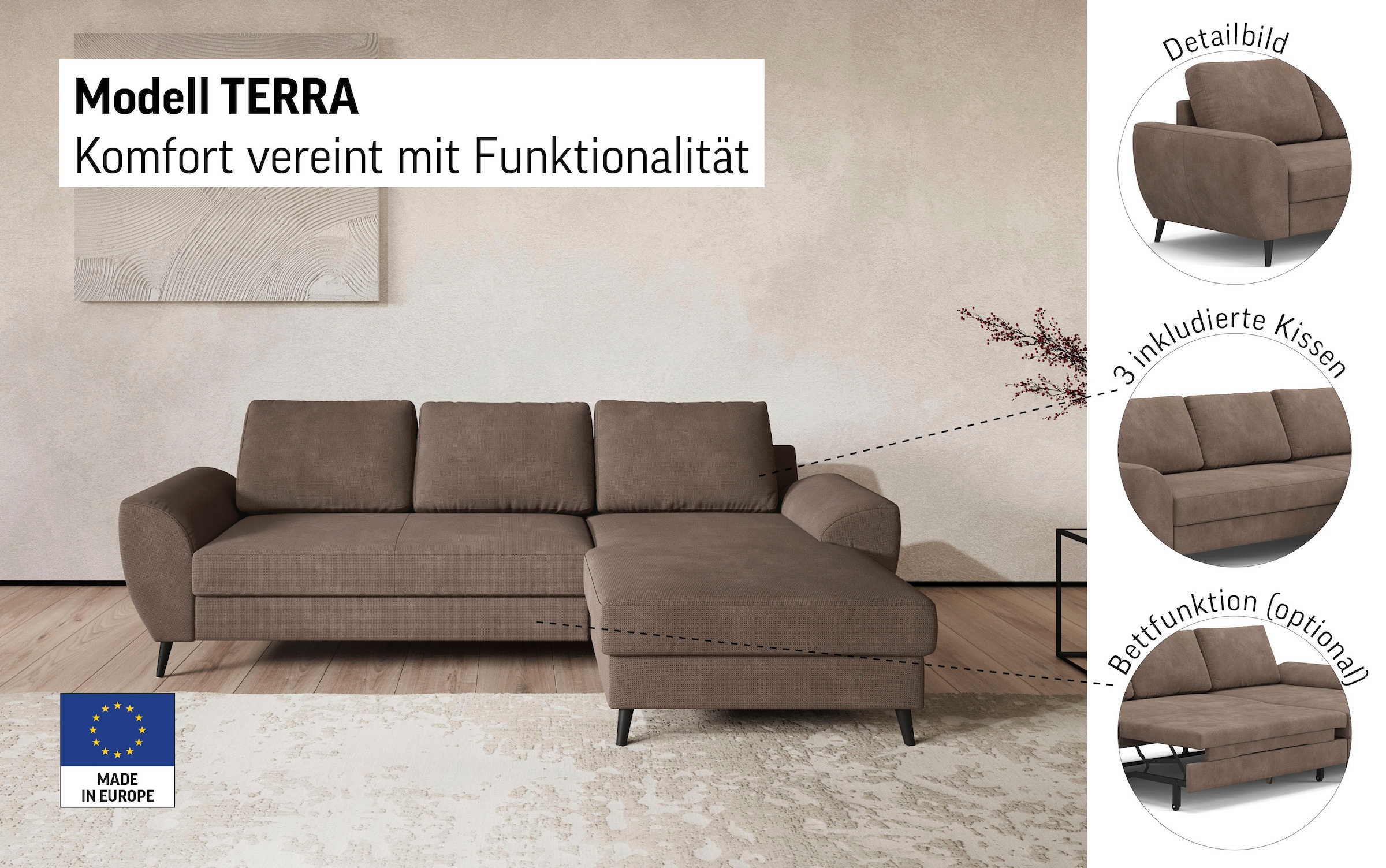 COTTA Ecksofa »Terra L-Form, Breite 255 cm« wahlweise mit Bettfunktion