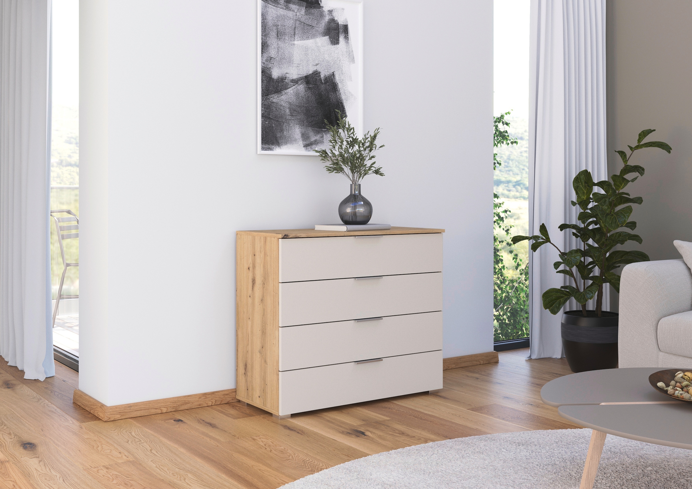 rauch Schubkastenkommode »Sideboard Schubladenkommode AGORDO mit Dekor- oder Hochglanzfront«, (in zwei Griff-Farben), Breite 93 cm mit 4 großen Schubladen für viel Stauraum MADE IN GERMANY