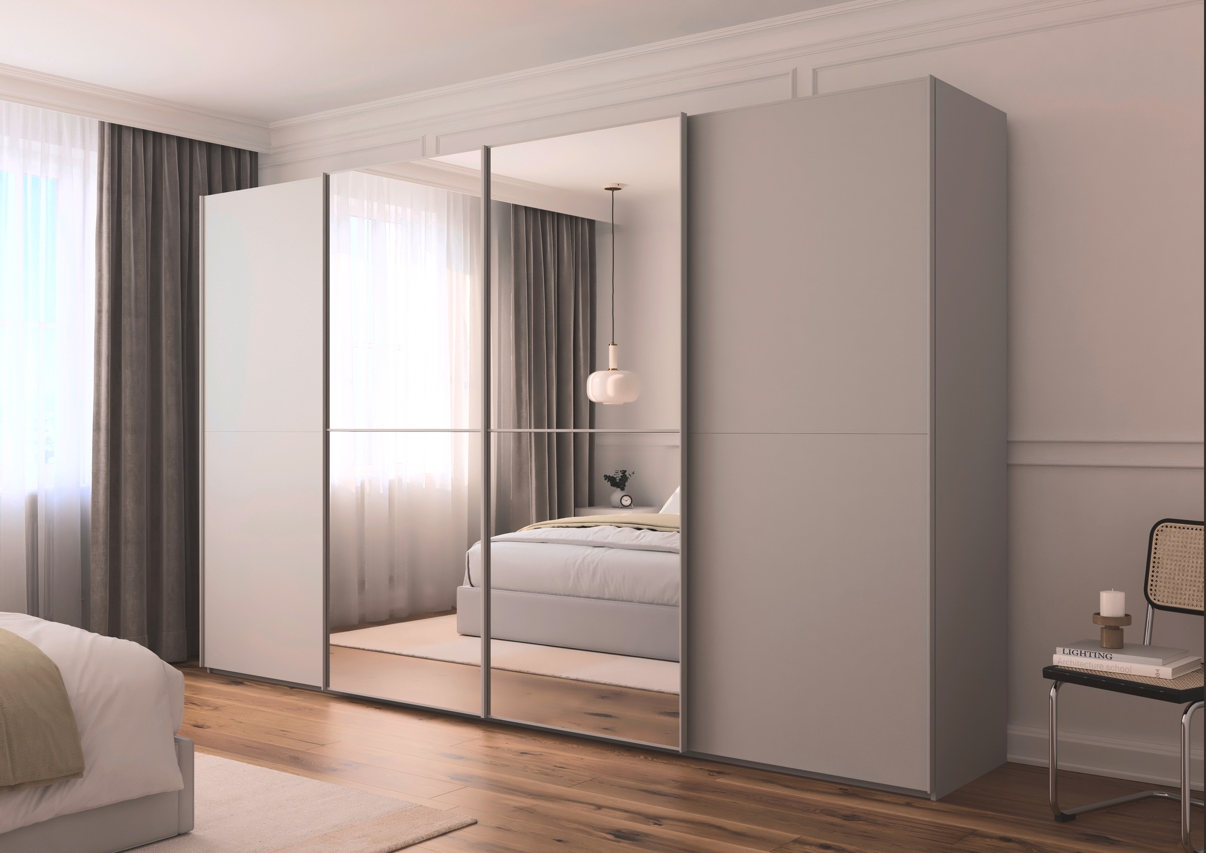 rauch Schwebetürenschrank »Kleiderschrank Schrank Garderobe Schlafzimmerschrank SCALE-DUO«, edle zweigeteilte Türen, Spiegel und 3 Zierleisten MADE IN GERMANY