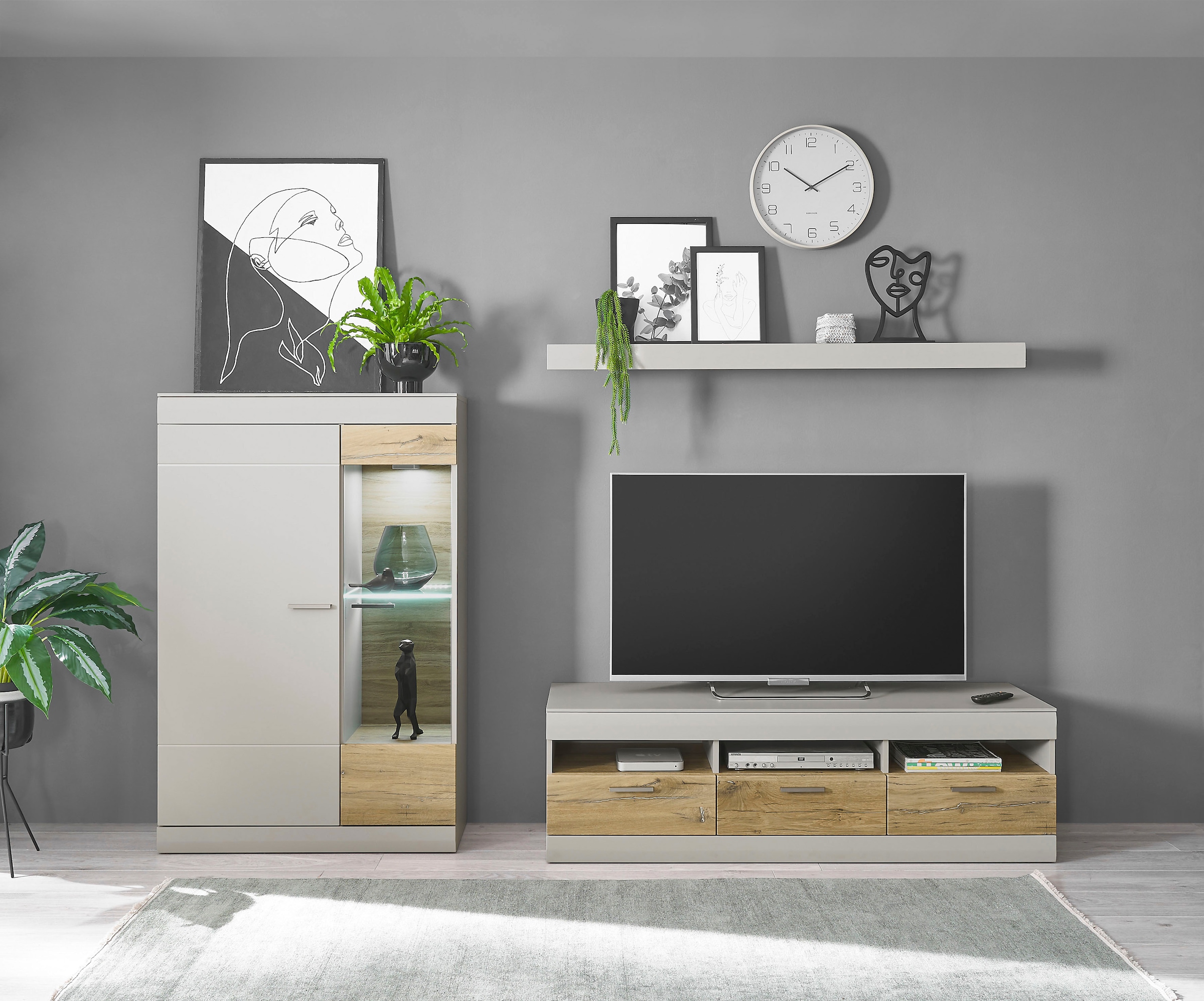 INOSIGN Wohnwand »SCARA«, (3 St.), trendige Farbe mit Applikation Zinneiche Dekor, mit Softclose-Funktion