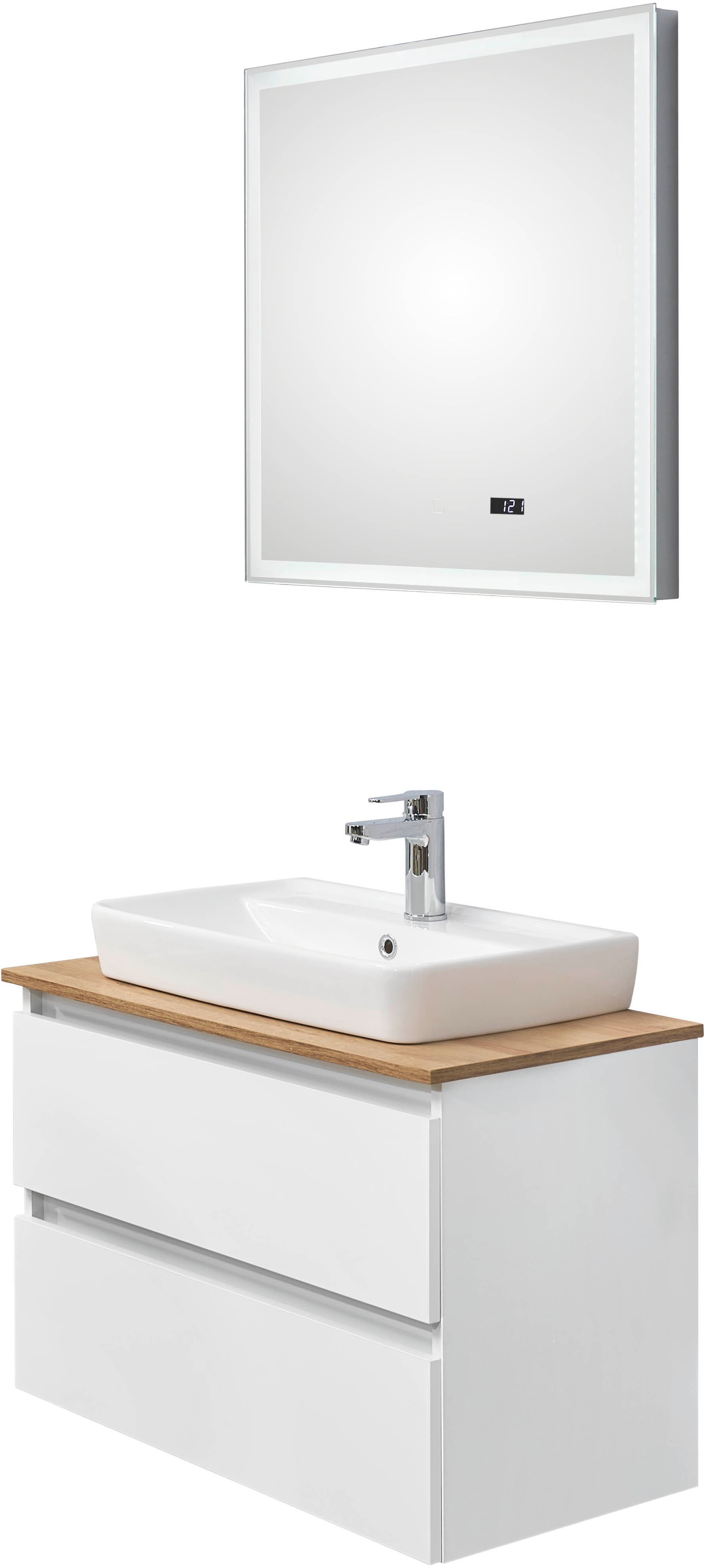 Saphir Badmöbel-Set »Quickset 360 2-teilig, Keramik-Aufsatzbecken mit LED-Spiegel«, (4 St.), Waschplatz 78 cm breit, 2 Schubladen, inkl. Schubladendämpfer
