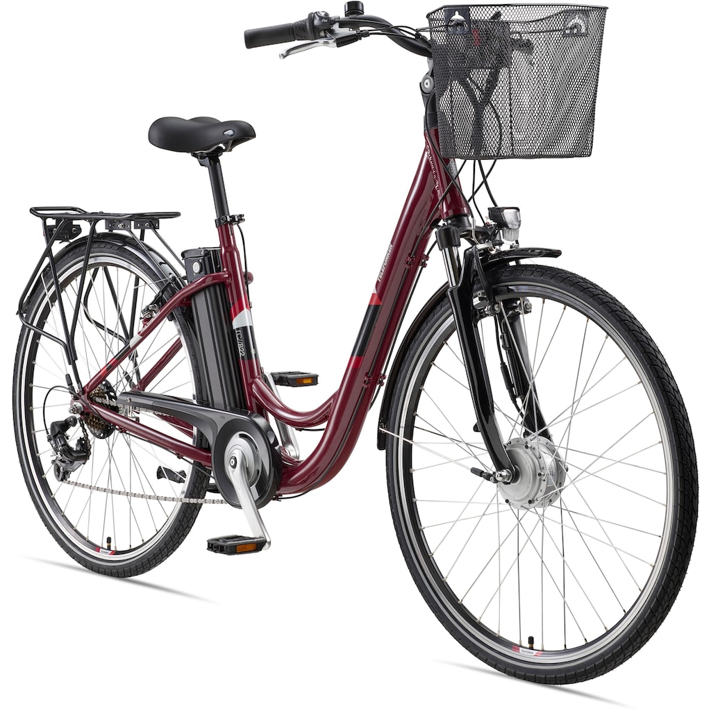 Telefunken E-Bike »Multitalent RC822«, 7 Gang, Shimano, Tourney, Frontmotor 250 W, (ca. 100 km Reichweite-2 V-Bremsen-Beleuchtung-Straßenzulassung), City Elektrofahrrad, Pedelec, Damen Herren, 28 Zoll, 36 V 374 Wh Akku