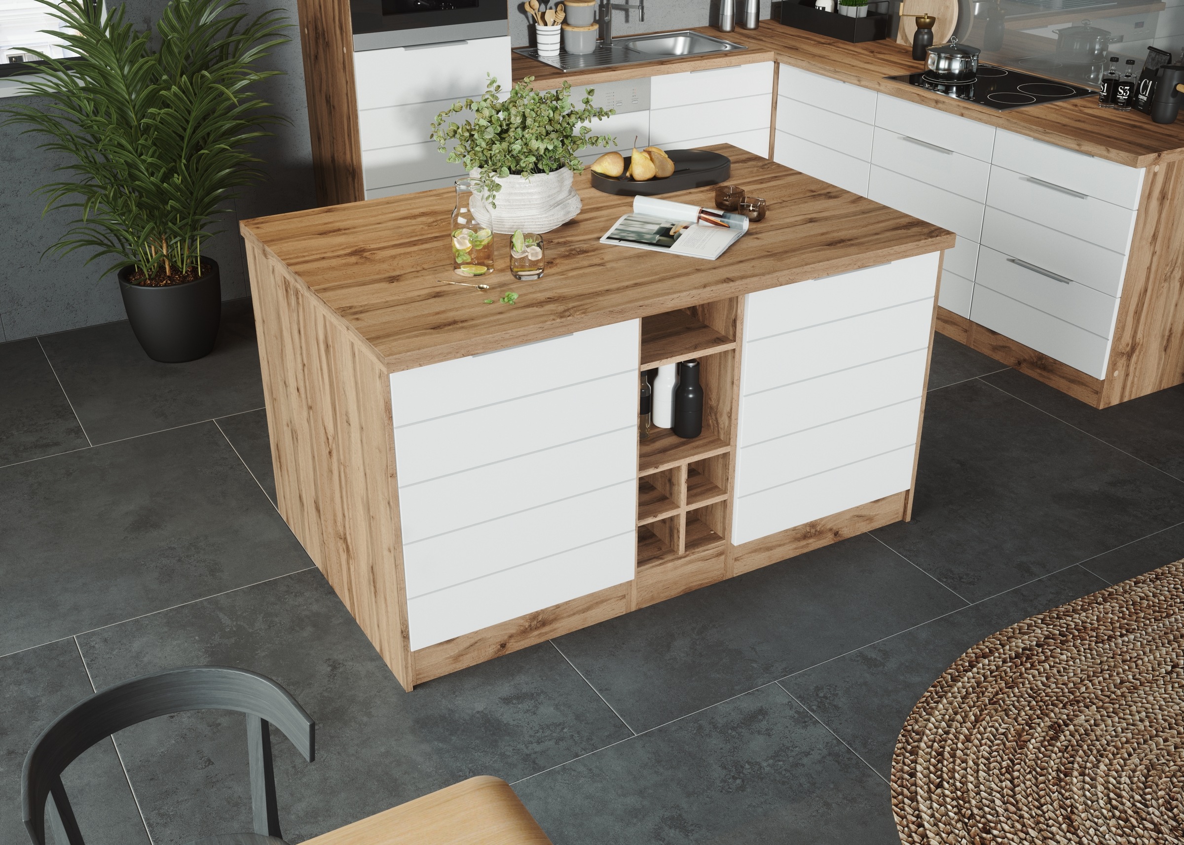 KOCHSTATION Kücheninsel »KS-Luhe, Breite 153 cm, mit Flaschenregal«, MDF-Fronten, Arbeitsplatte 38mm stark