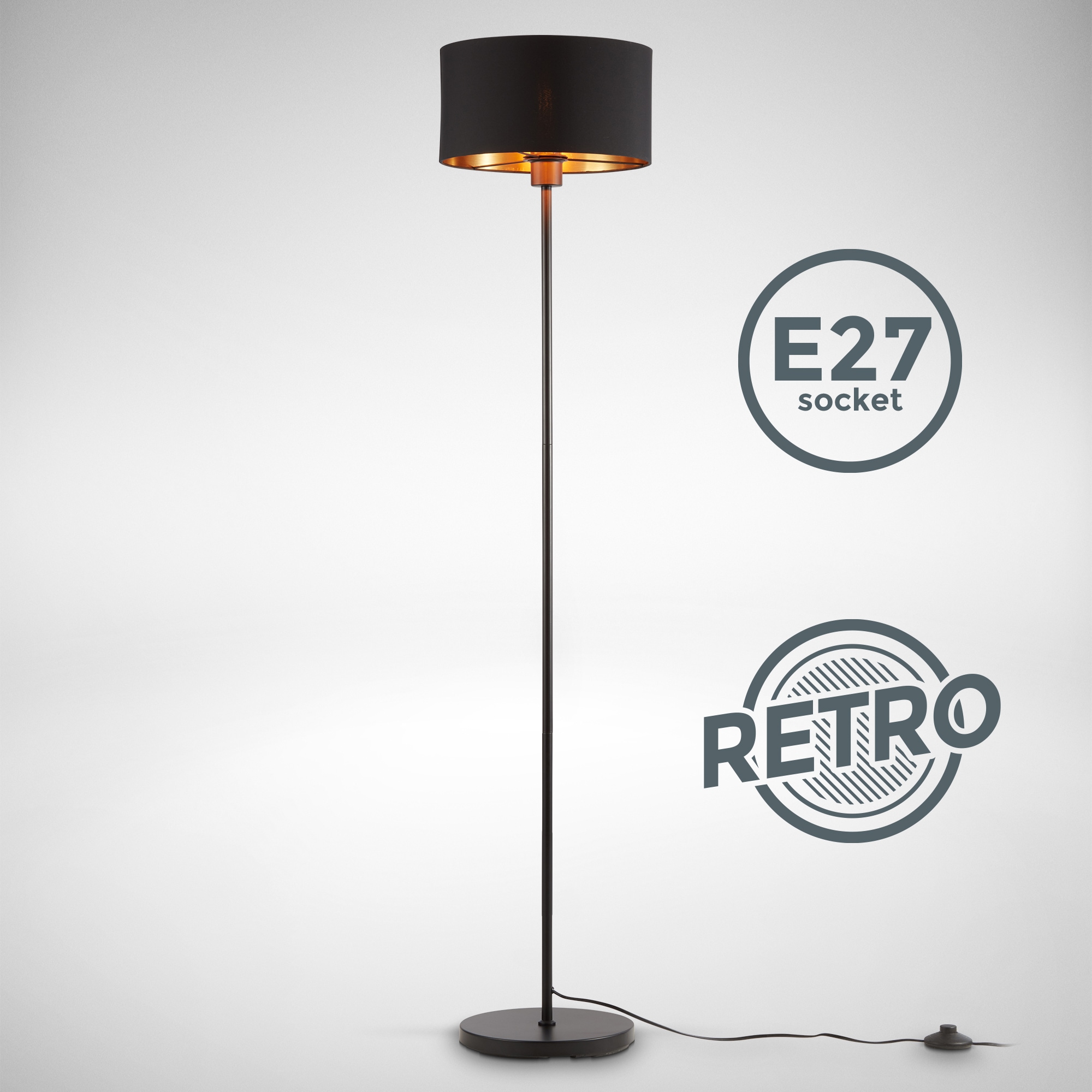 B.K.Licht Stehlampe »BKL1417 Stehleuchte Vintage, mit Fußtaster, Lampenschirm aus Stoff«, 1 flammig, Leuchtmittel E27 | ohne Leuchtmittel, max. 40 Watt, Wohnzimmerlampe, Industrial, 30x141,5 cm, Schwarz-Gold