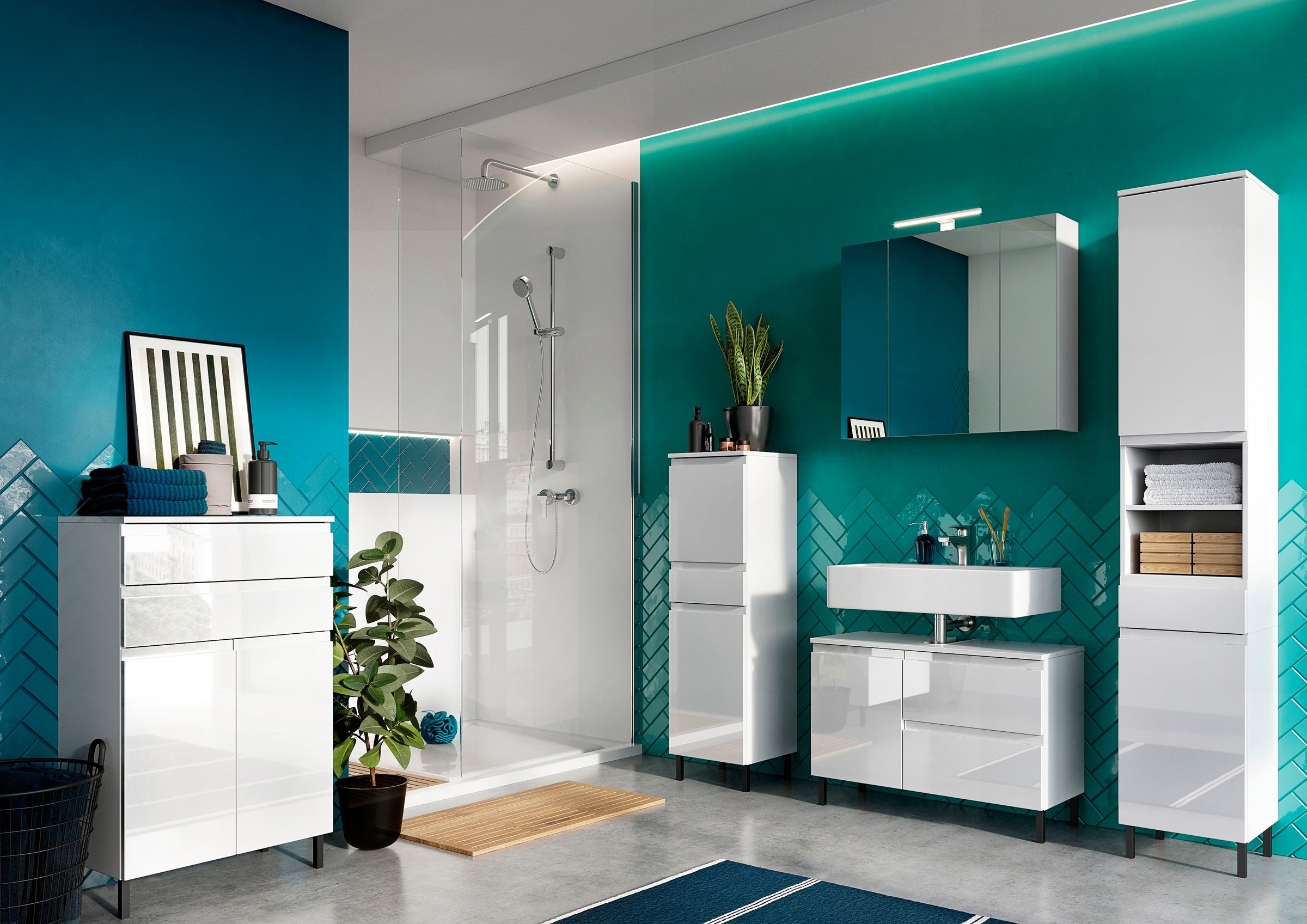 GERMANIA Badmöbel-Set »Scantic«, (5 St.), bestehend aus Kommode, Schrank, Hochschrank, Waschbeckenunterschrank