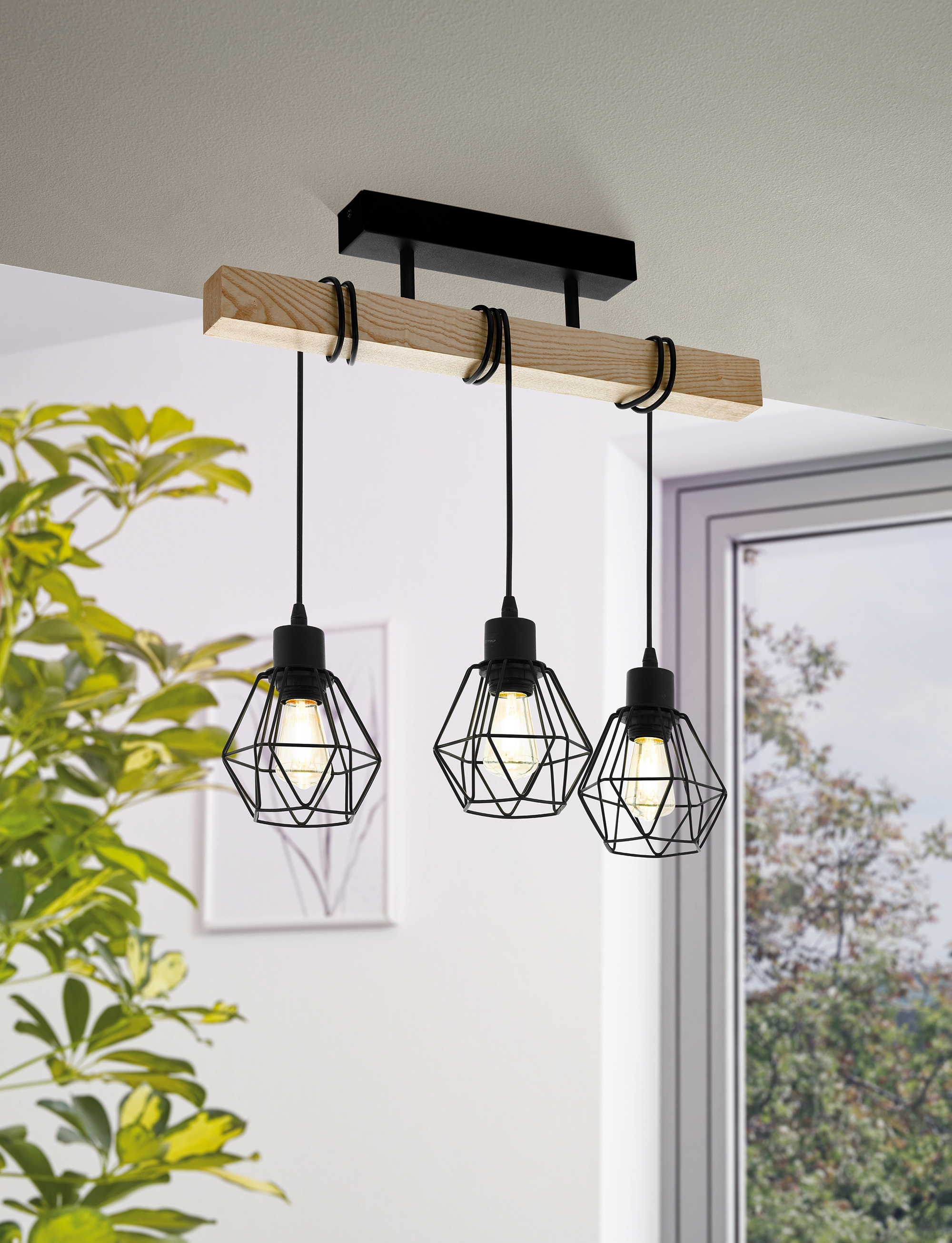 EGLO Deckenleuchte »TOWNSHEND 5«, 3 flammig, Leuchtmittel E27 | ohne Leuchtmittel, Vintage Deckenleuchte, Industrial, Retro Lampe aus Stahl und Holz, E27