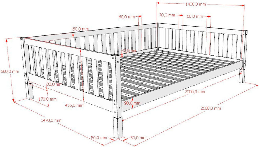 Vipack Kinderbett »Dallas, massiv Bett, Rausfallschutz, umbaubar vom Boden- zum Daybett« inkl. Rolllattenrost und Sprossenumrandung, 90 oder 140x200 cm breit,  stabil und standfest gebaut, wahlweise Kiefer massiv natur oder weiß