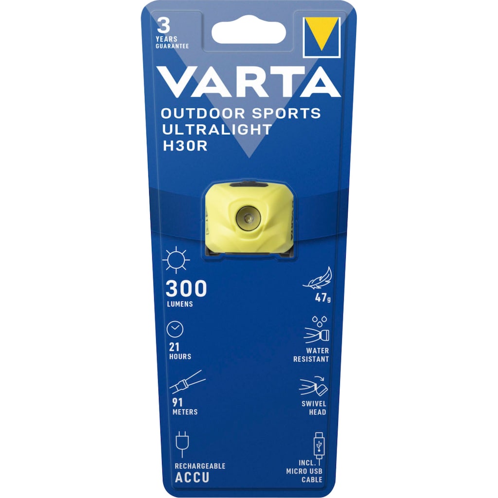 VARTA Kopflampe »Outdoor Sports Ultralight H30R«, (Packung, 1 St.), in limonen grün, leicht und kompakt, aufladbare Stirnleuchte, Kopfleuchte mit Tastensperre und Speicherfunktion der Lichteinstellungen, Joggen, Laufen, Outdoor