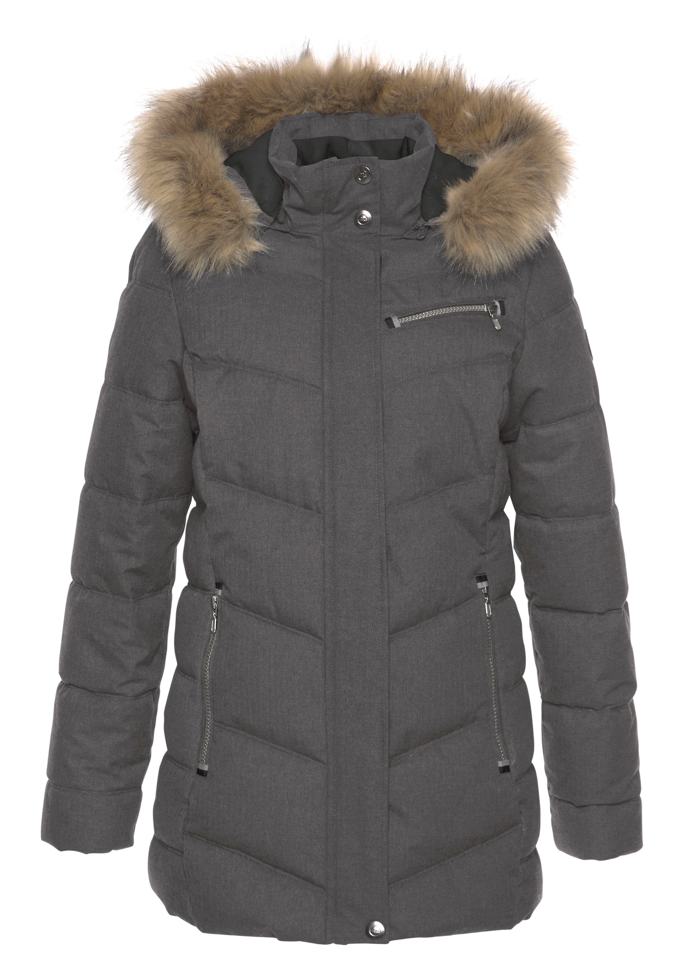 Polarino Steppjacke mit Kapuze mit abnehmbarer Kapuze,  mit Fellimitat,  viele Taschen