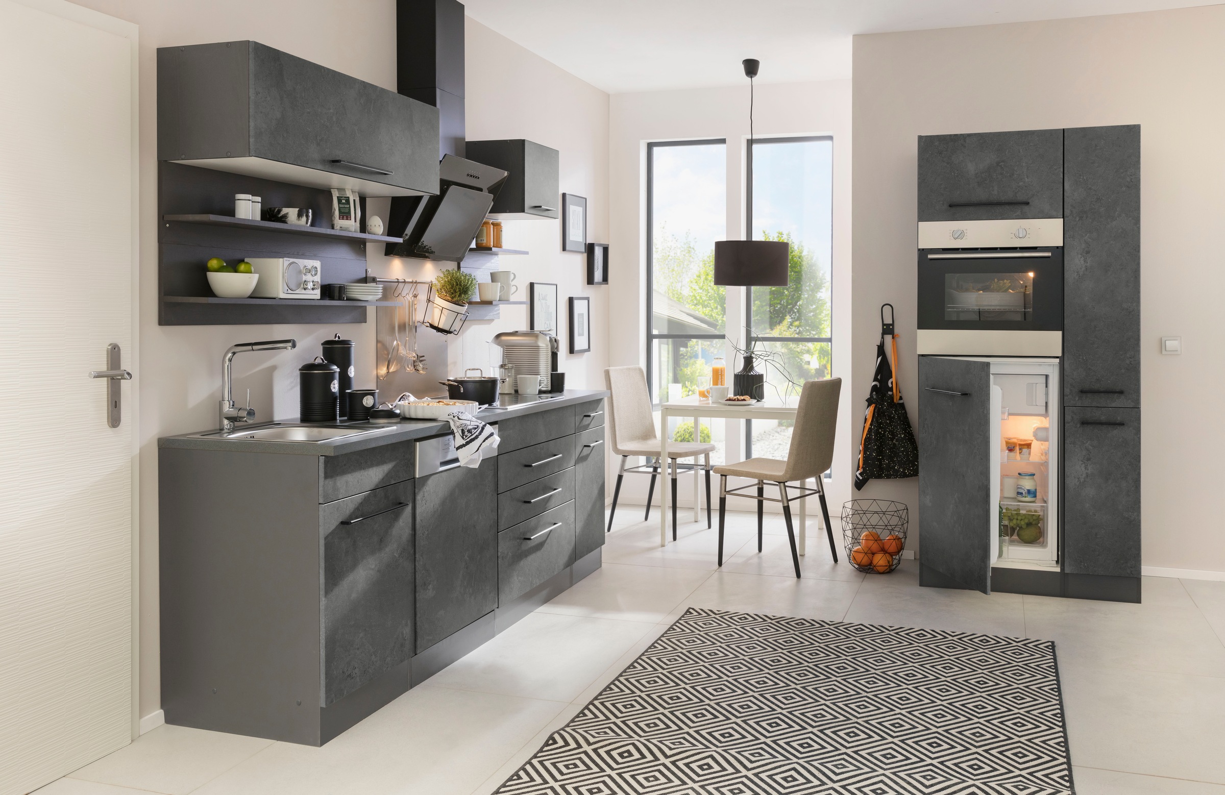 KOCHSTATION Küchenzeile »KS-Tulsa«, mit E-Geräten, Breite 320 cm, schwarze Metallgriffe, MDF Fronten