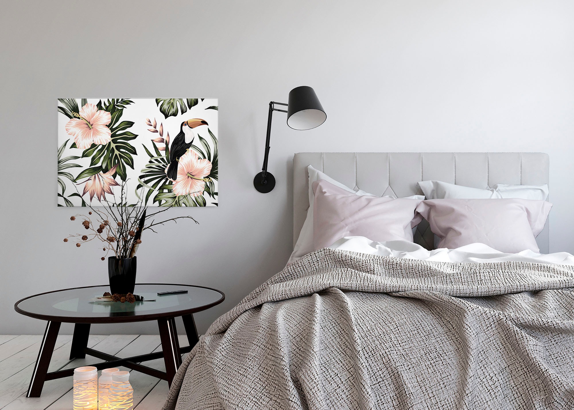 A.S. Création Leinwandbild »Toucan«, Kunst-Blumen-Kinder, (1 St.), Palmenblätter Hibiskus Dschungel Keilrahmen Leinwand-Bild Wohnzimmer